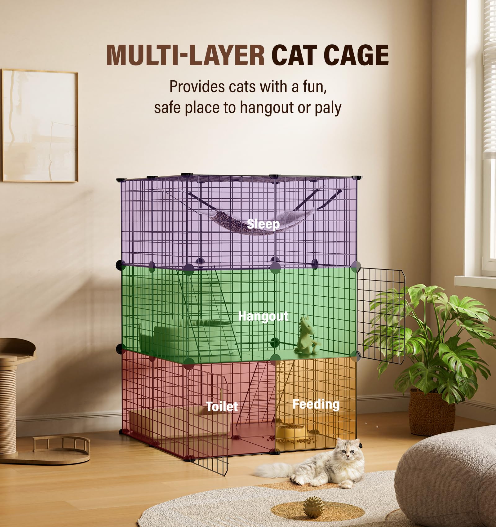 The Fellie Jaula para gatos para interiores, caja de parque de juegos de 3 niveles, jaula para gatos, corralito desmontable de alambre de metal, lugar de ejercicio grande ideal para 1-2 gatos,