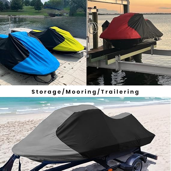 Trailerable Jet Ski Cover, Waterproof Marine Grade 600D Heavy Duty Polyester PWC Cover Blue/Black Color Fits 116-125 2 Seater