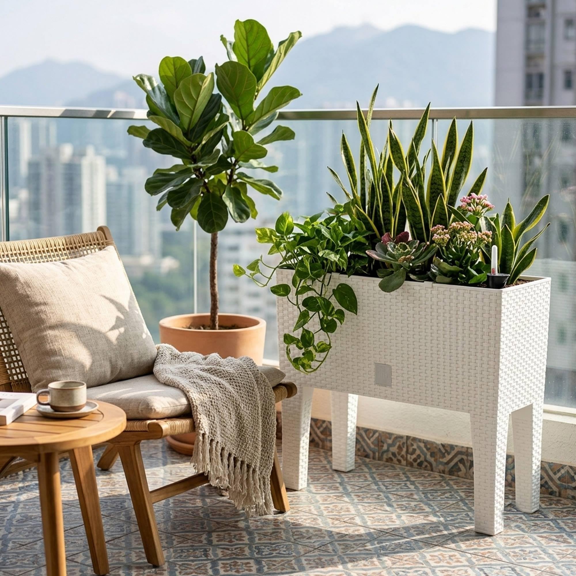 Jardinera para Flores, Jardinera Alta con Patas, Maceta Grande de Exterior/Interior, Plástico Efecto Trenzado Rattan, para Terraza, Jardín o Salón, Resistente UV, 46 Alto x (60x25) cm, Color Blanco