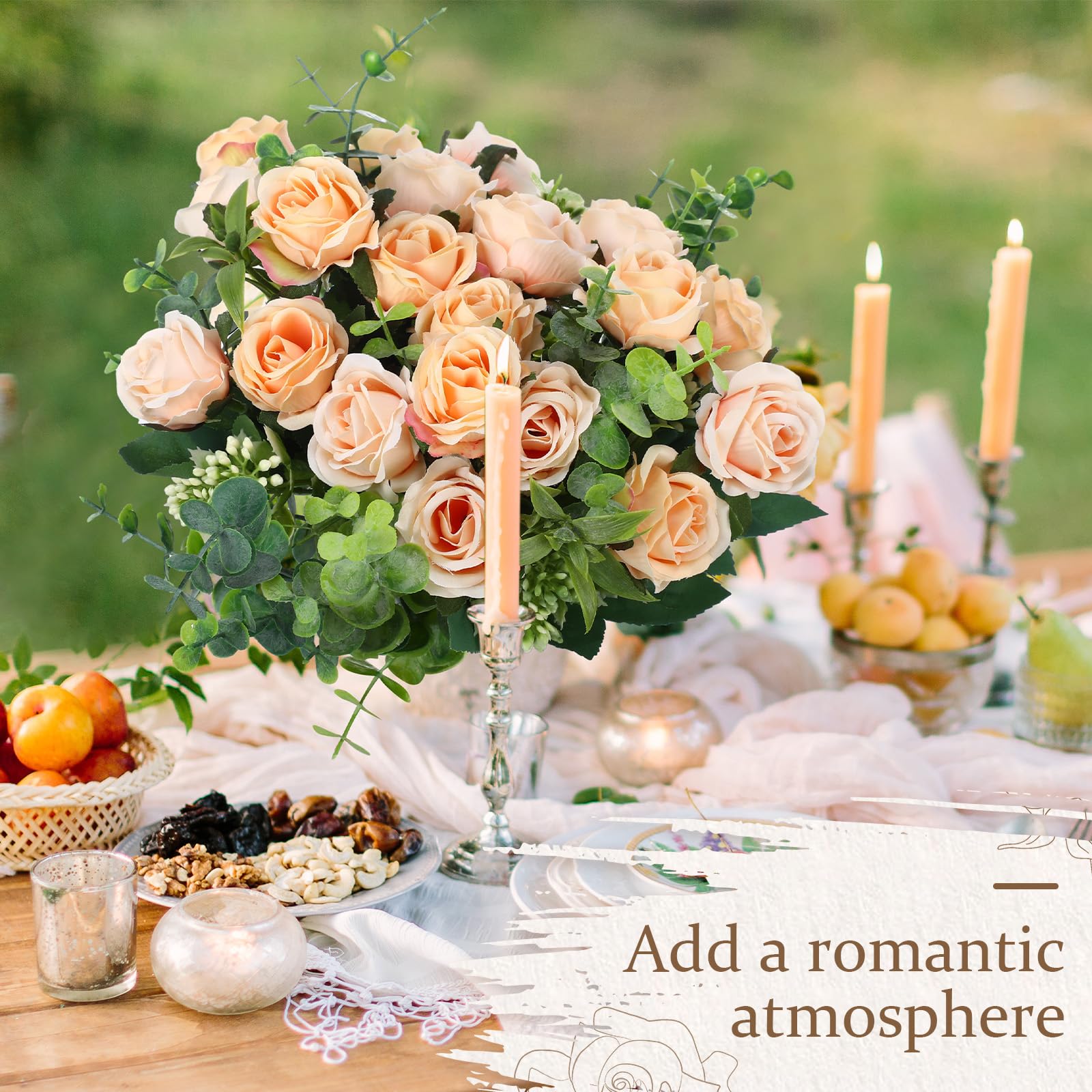 Zeyune 8 Bunches 12 in Artificial Mini Rose Bouquet Bridal Flower Bouquets Fake Roses Silk Roses for Home Office Garden Parties Wedding Valentines Decoration(Champagne)