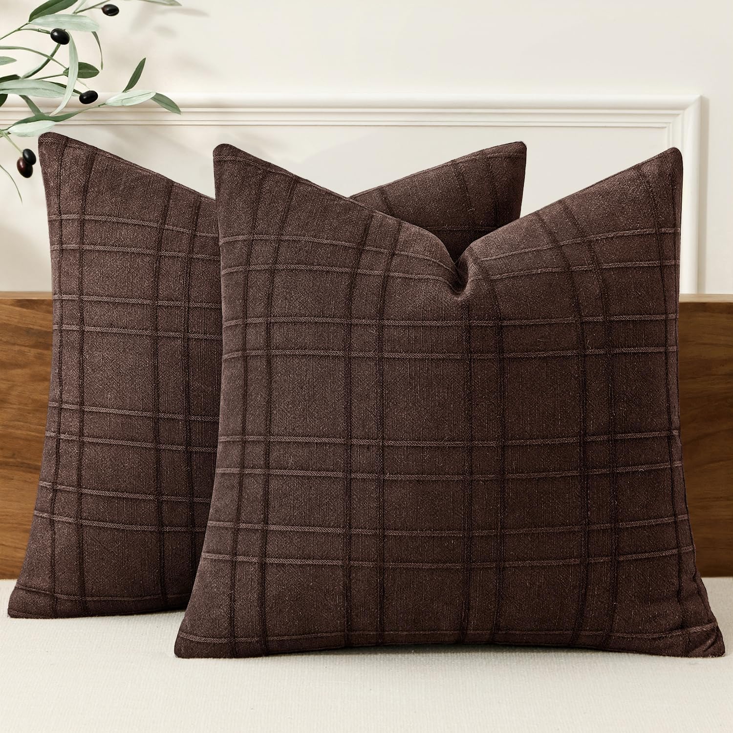 MIULEE Linen Plaid Pillow Covers Fall Decorative 20x20 Dark Brown