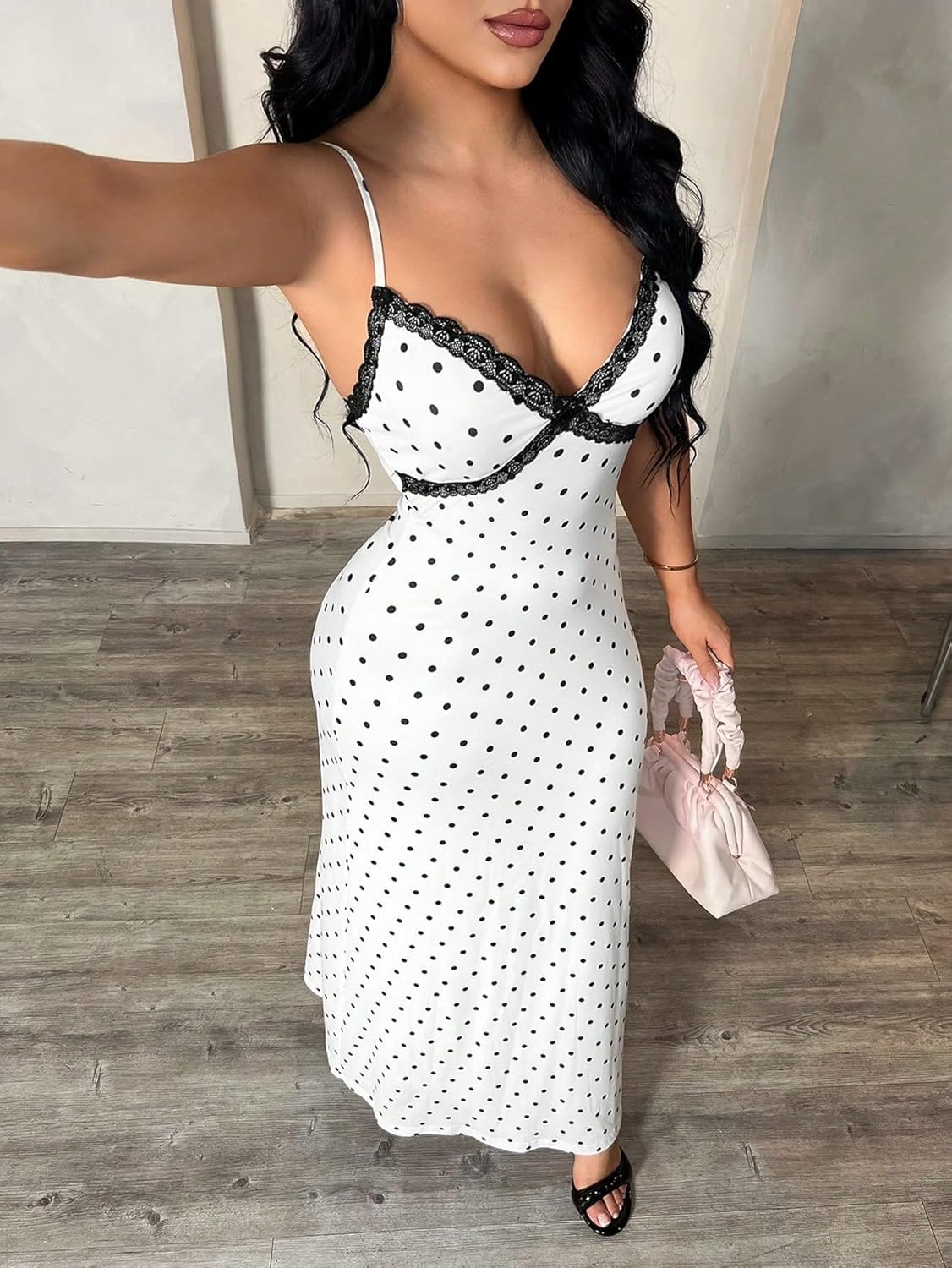 Verdusa Women's Polka Dots Dress Lace Backless Elegant Bodycon Cami Maxi Dresses - Image 4