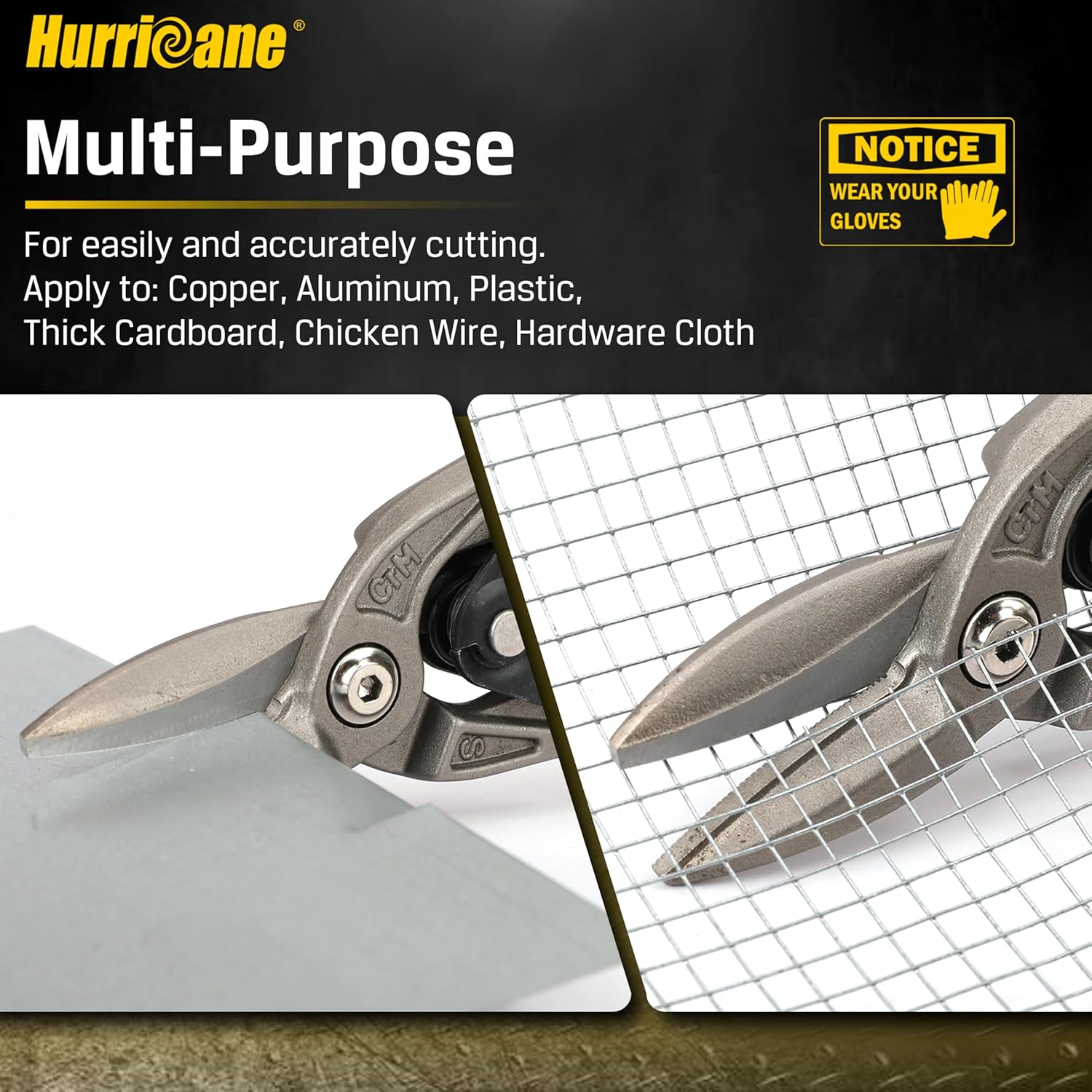 HURRICANE 10 Inch Aviation Tin Snips, Premium CR-MO Blade Straight Cut Metal Shears, High-Leverage for Sheet Metal, HVAC, Gutter and DIY Projects, with Safety Lock & Comfort Grip Handle