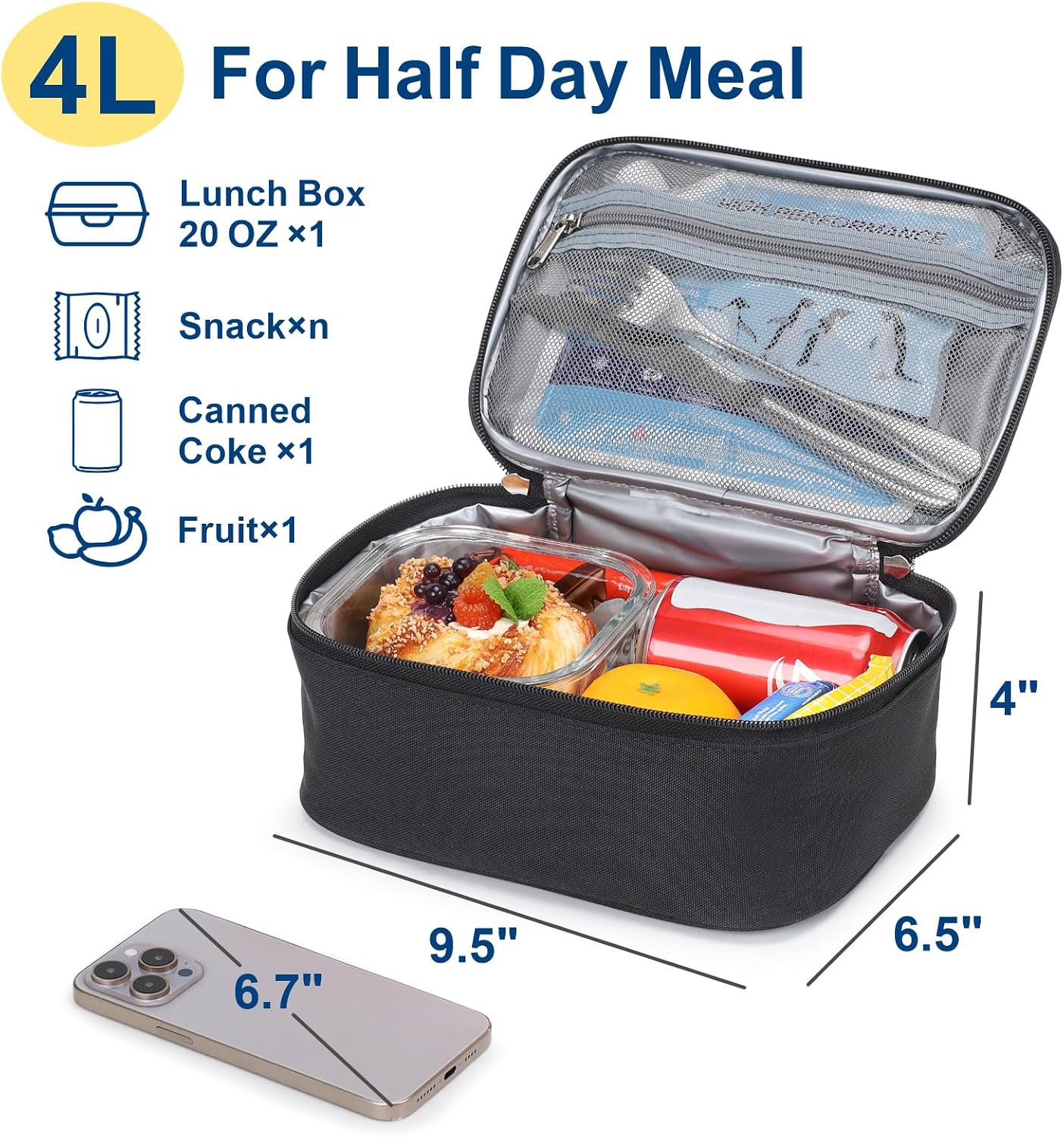 Bagseri Small Insulated Lunch Bag with Ice Pack - 4L Lunch Box, Black