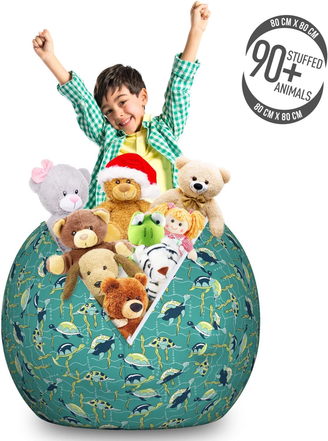 Ambesonne Turtle Storage Toy Bag Chair, Underwater Wildlife Composition with Wavy Ocean and Colorful Animals with Shells, Stuffed Animal Organizer Washable Bag, Large Size, Sea Green Yellow