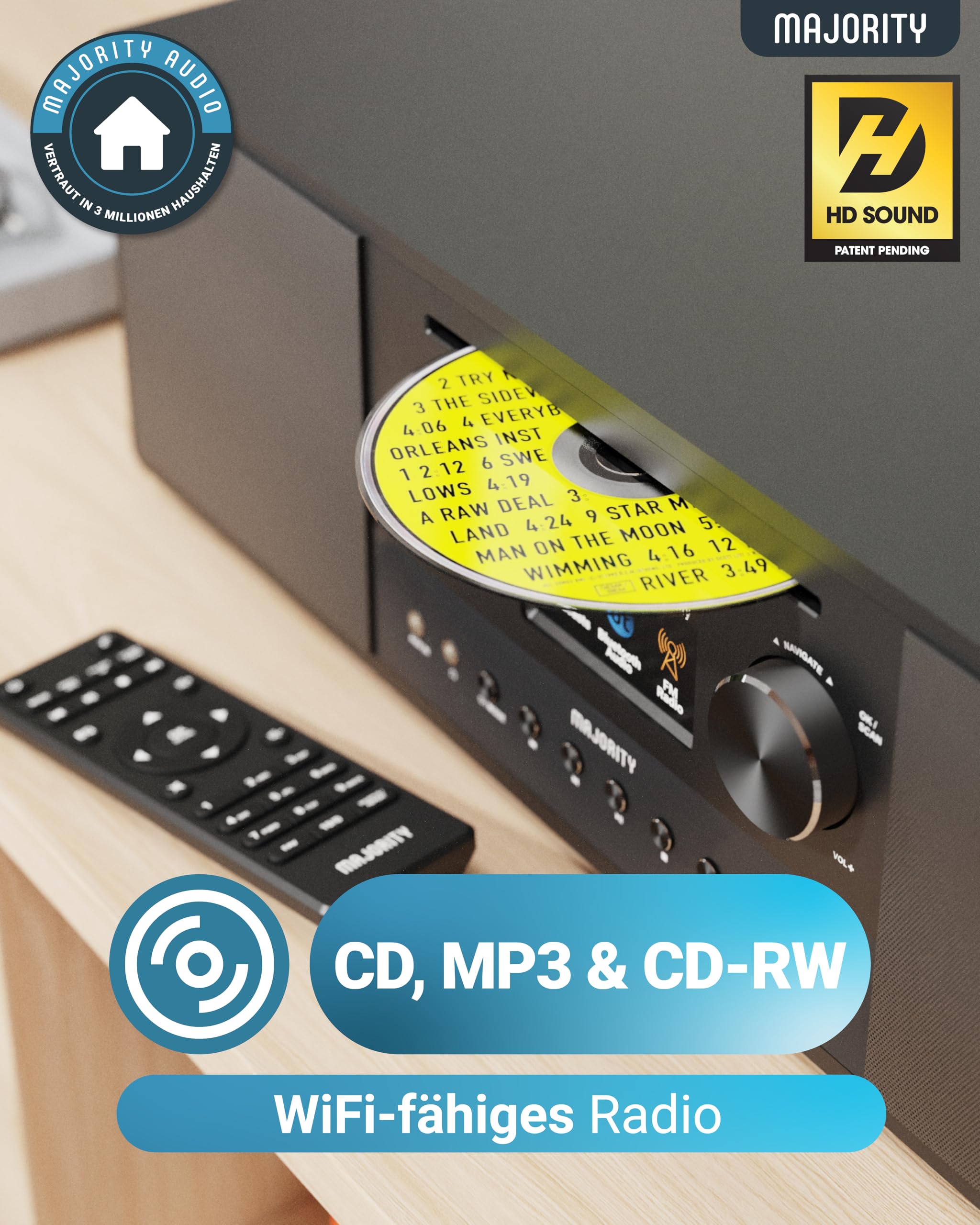 Internetradio WLAN mit CD Player | Stereoanlage Bluetooth mit Radio DAB+ & UKW | 120W 2.1 Stereo Lautsprecher mit Eingebauter Subwoofer | Küchenradio mit Spotify Connect & Podcasts | MAJORITY Quadriga