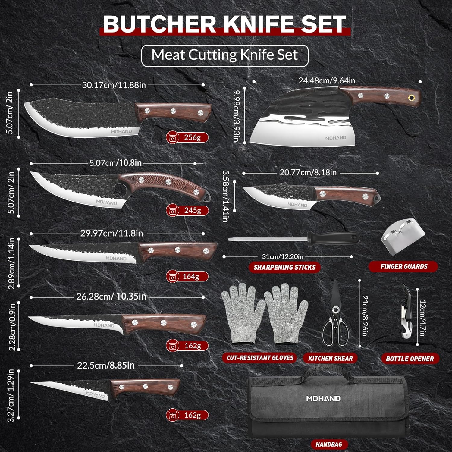 MDHAND Butcher Knife Set, Hand Forged Viking Kitchen Serbian Chef Knife Set with Roll Bag, Heavy Duty Meat Cleaver & Brisket Knives for BBQ, Outdoor Camping, Meat Cutting Tools, Gifts for Men Women