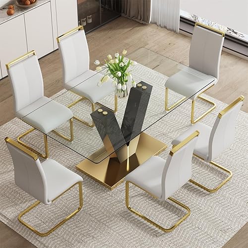 Miniatura 32 de Juego de mesa de comedor de vidrio de 71 pulgadas para 6, juego de mesa de comedor para 6, mesa de cocina moderna y 6 sillas de PU, parte superior