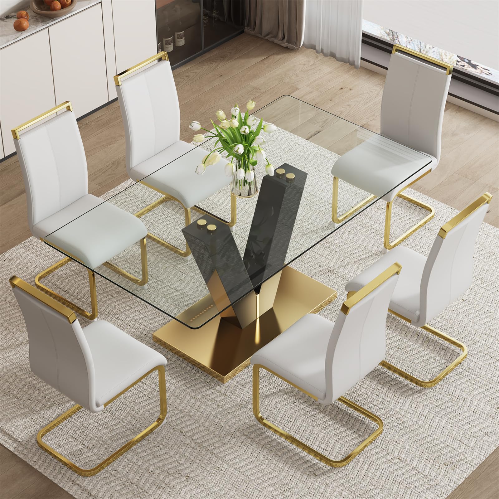 Amazon.com - BAOPIN Glass Dining Table Set for 6, 71" Dining Table Set ...