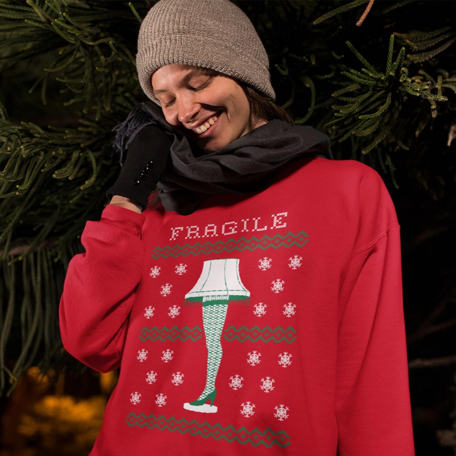 Ripple Junction A Christmas Story Crewneck Sweatshirt Fragile Leg Lamp Holiday Movie Faux Sweater Pattern Officially Licensed