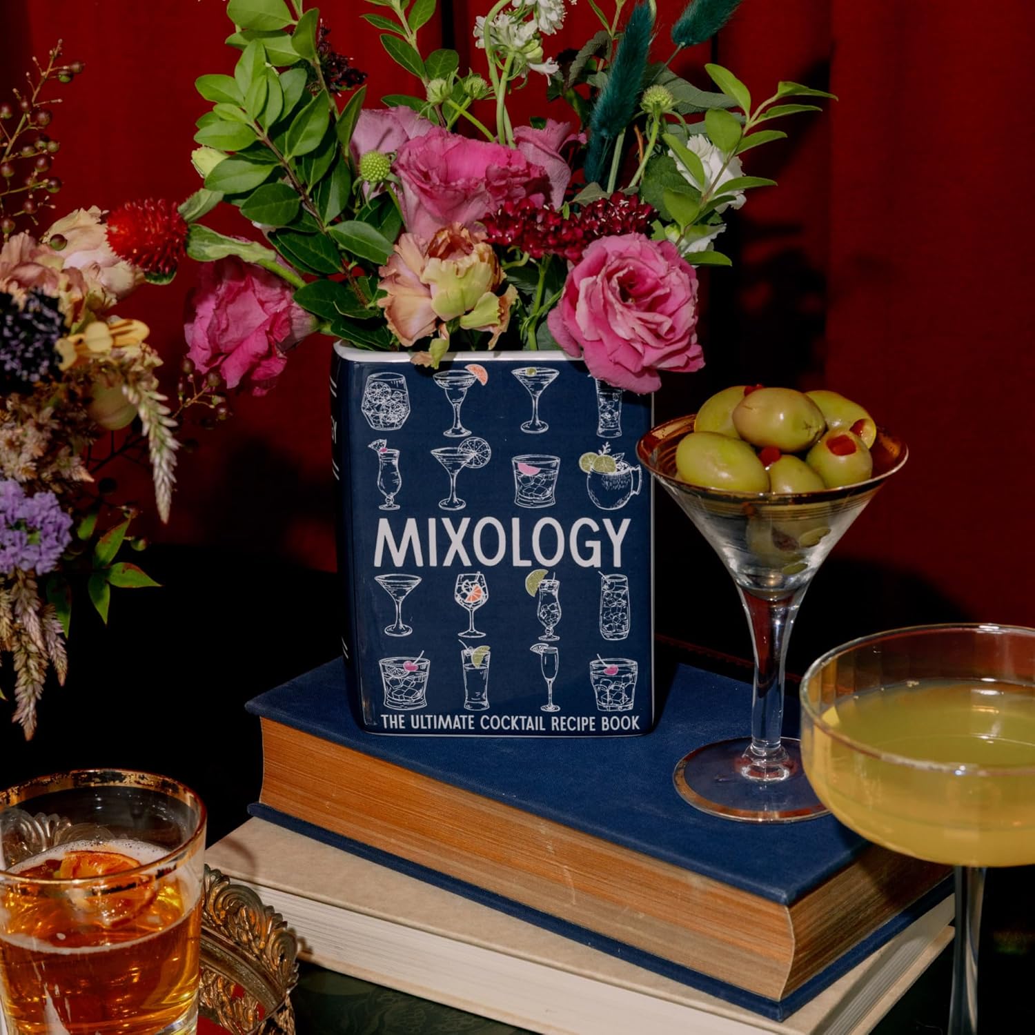 Steel Mill & Co Original Book-Shaped Decorative Vase, Ceramic Vases for Home Decor, Cute Bar Cart Decor, Unique Vase for Book Lovers (Small - Mixology)