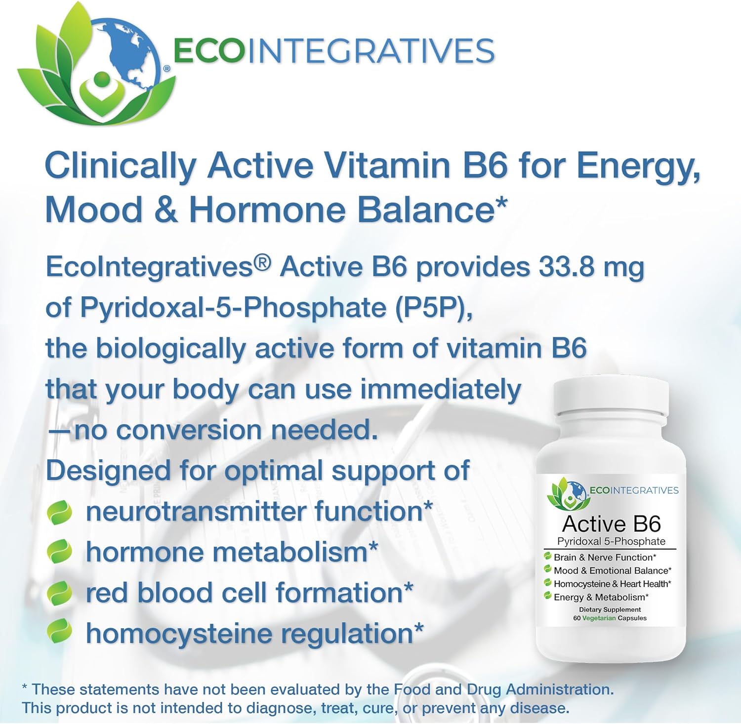 EcoIntegratives® Active B6 – 33.8 mg Pyridoxal 5-Phosphate (P5P), High Potency Active Vitamin B6 for Energy, Mood, Nerve and Heart Support* – Non-GMO, Gluten Free, 60 Vegetarian Capsules - Image 2