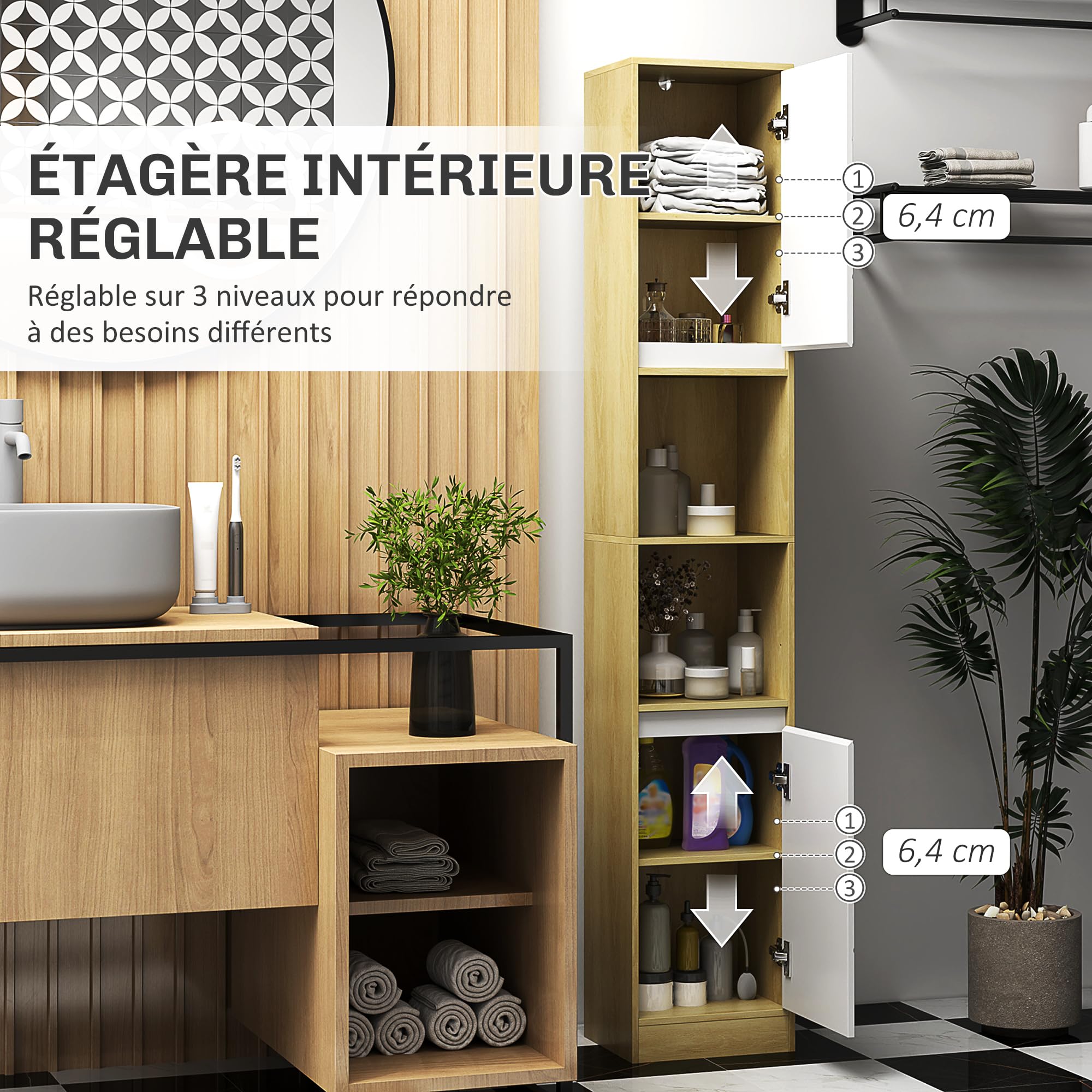 HOMCOM Meuble Colonne Salle de Bain à 6 Niveaux 30x24x170cm Chêne Blanc | Meuble de Rangement Étroit, 2 Portes, 2 Compartiments Ouverts, Étagère Réglable, pour Toilette, Petits Espaces