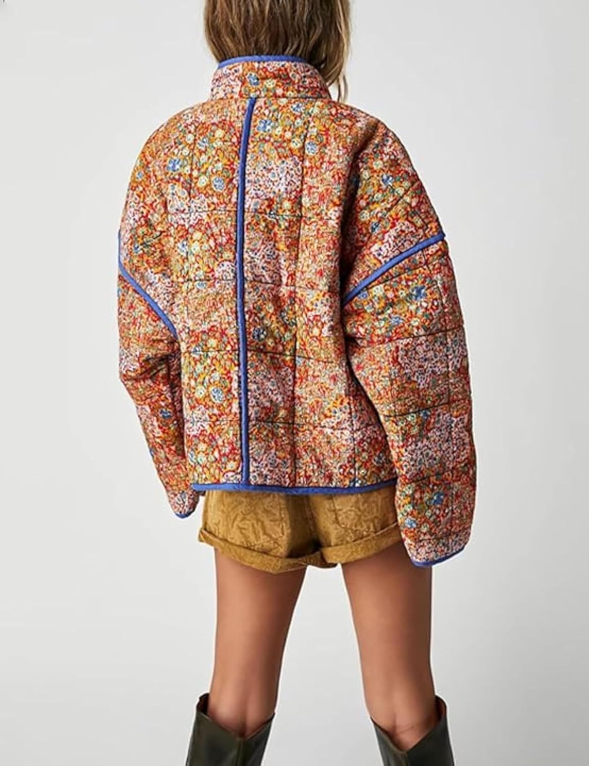 Women's Floral Quilted Jackets Cropped Reversible Open Front Lightweight Short Padded Puffer Coat(005-Yellow-XS)