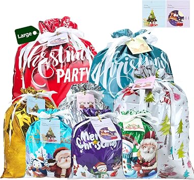 CNMTCCO Christmas Wrapping Gift Bags Large, 16Pcs Christmas Drawstring Bags with 30Pcs Tags, Large Medium Small Gift Bags, Xmas Bags for Presents for Xmas Birthday Holiday Party Drawstring Style