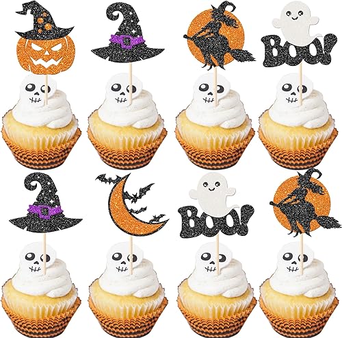Rsstarxi Paquete de 30 adornos para cupcakes de fantasmas de Halloween con brillantina, murciélago, calabaza, fantasma, bruja, Halloween, cupcakes,