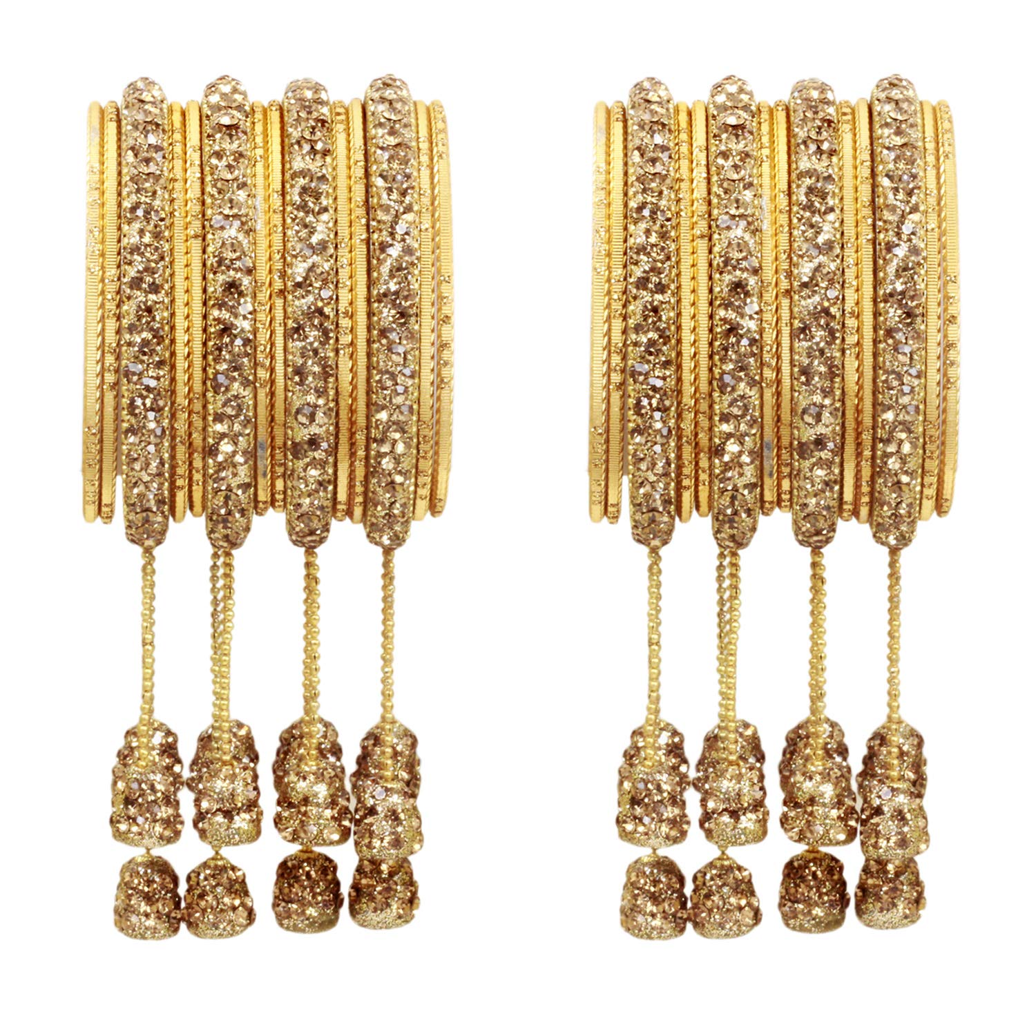 SANARA Indian Bollywood Sparkling Hanging Latkan Golden Stone Bangles Bracelet Set Bridal Wedding Partywear Jewelry (2.6)