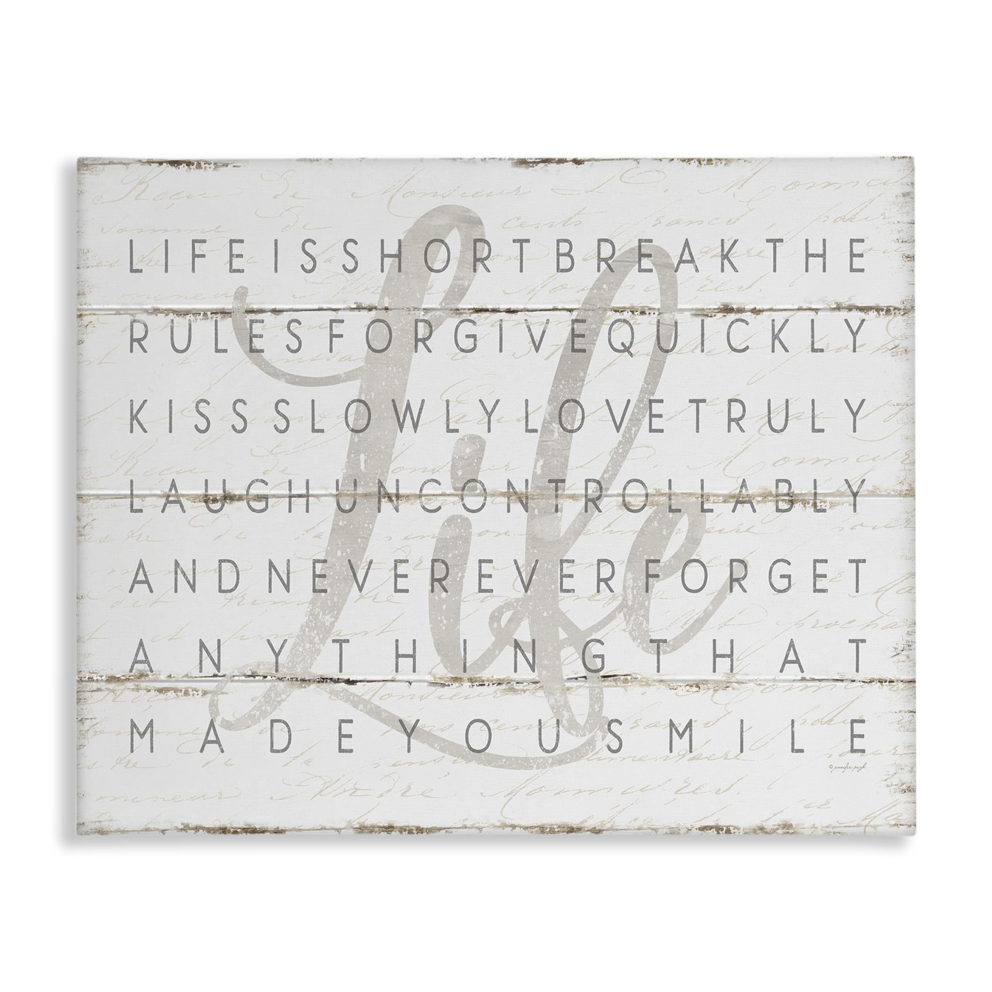 Stupell Industries Life is Short Smile Grey on White Planked Look Canvas Wall Art, 24x30, Design by Artist Jennifer Pugh