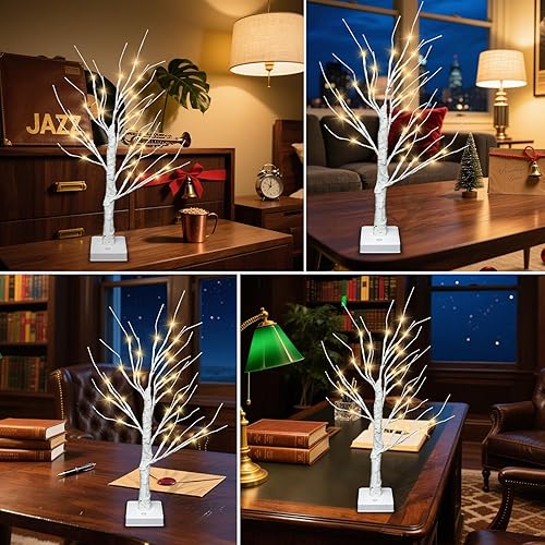 Miniatura 9 de Árbol artificial para decoraciones de Navidad, 2 pies, 24 luces LED de color blanco cálido, árbol de abedul con luz blanca cálida, lámpara de árbol