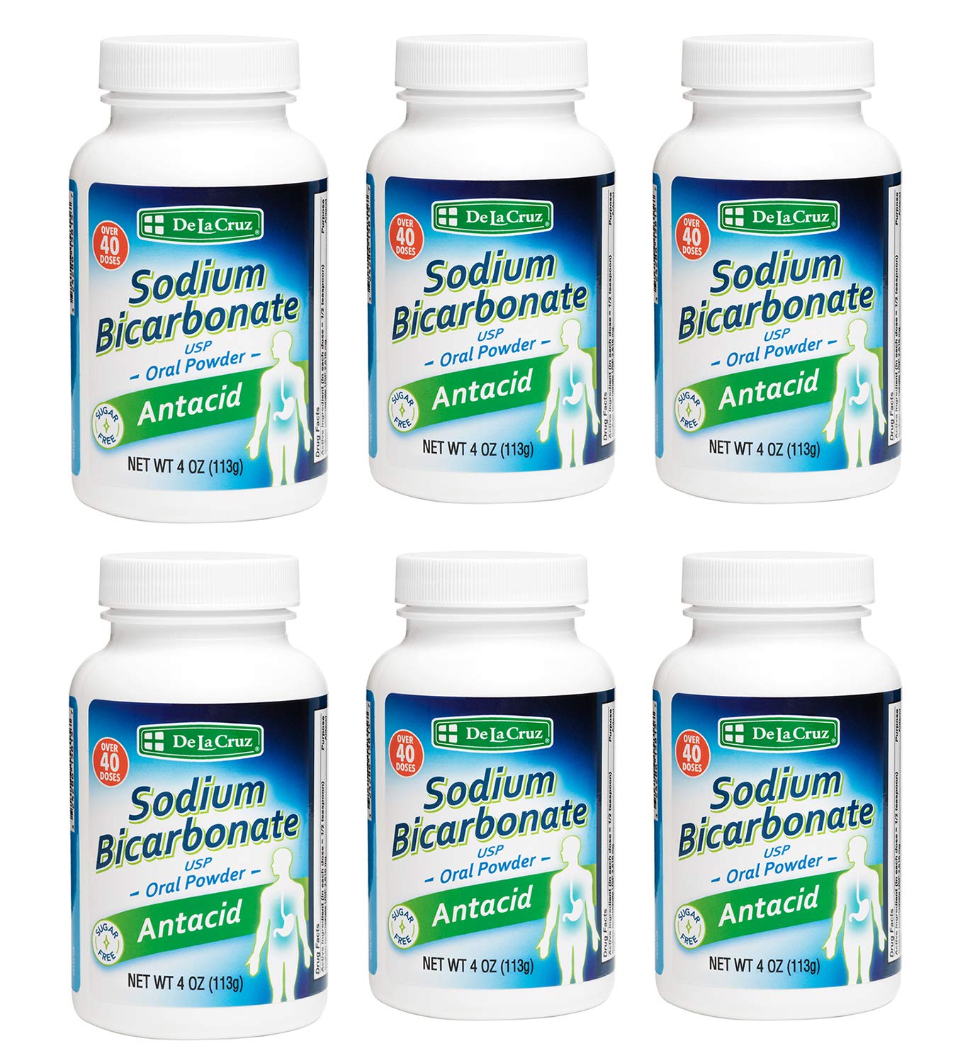 De La Cruz Pure Sodium Bicarbonate - USP Grade Bicarbonate of Soda – 100% Pure Baking Soda – Aluminum Free Antacid Powder for Heartburn & Indigestion - Packed in USA, 4 OZ. (6 Bottles)