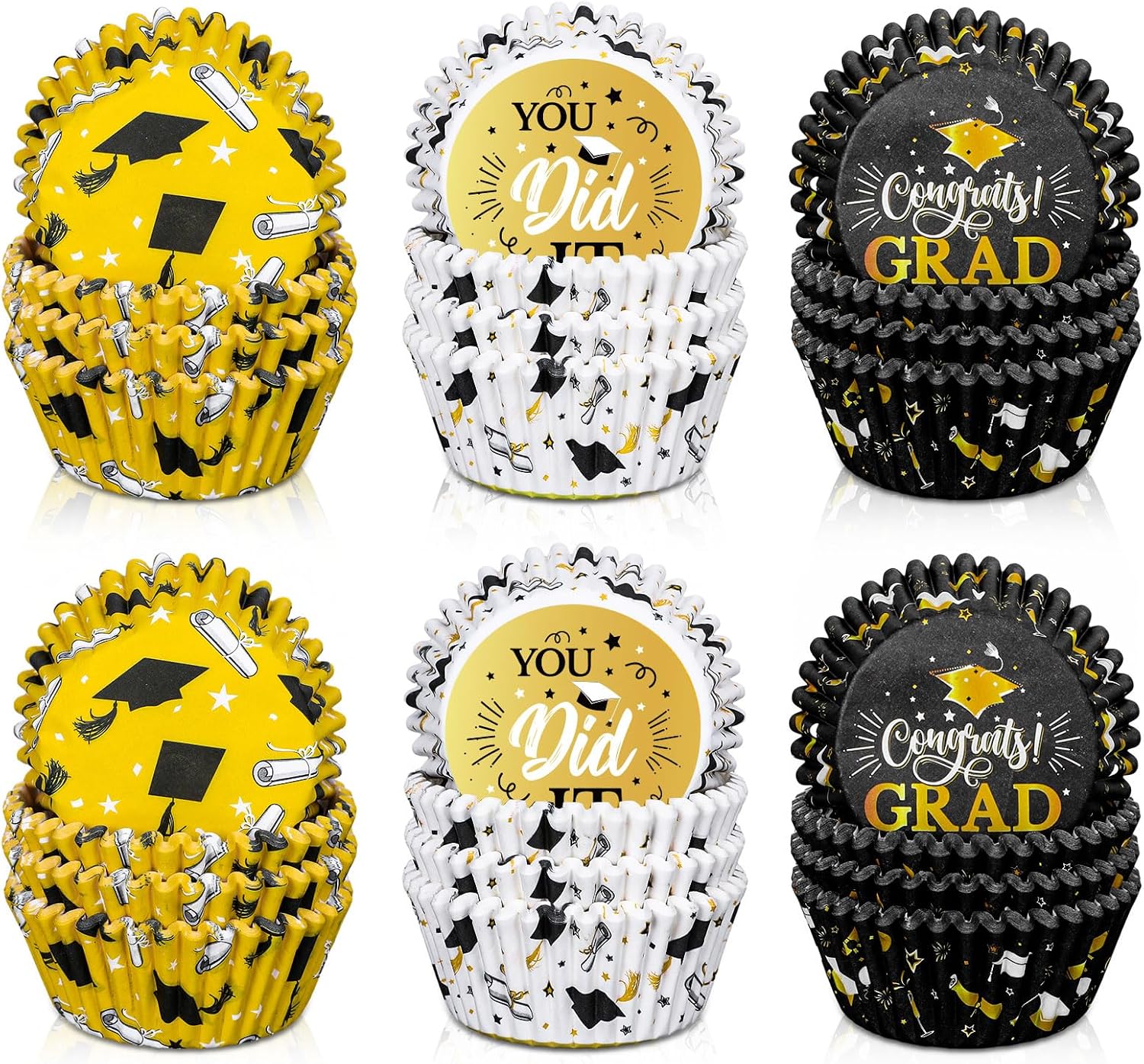 JarThenaAMCS 300Pcs Graduation Cupcake Liners Congrats Grad Yellow White Black Multicolored Paper Muffin Baking Cups Wrappers Holders for 2026 College High School Birthday Party Supplies Table Decor