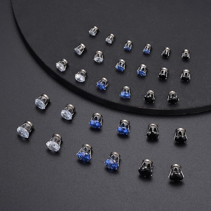 15 Pairs Magnetic Stud Earrings Cubic Zirconia Non-Piercing Earrings Set Clip on Fake Earring Jewelry for Women Men 4-5-6-7-8MM White Black Blue Red Color