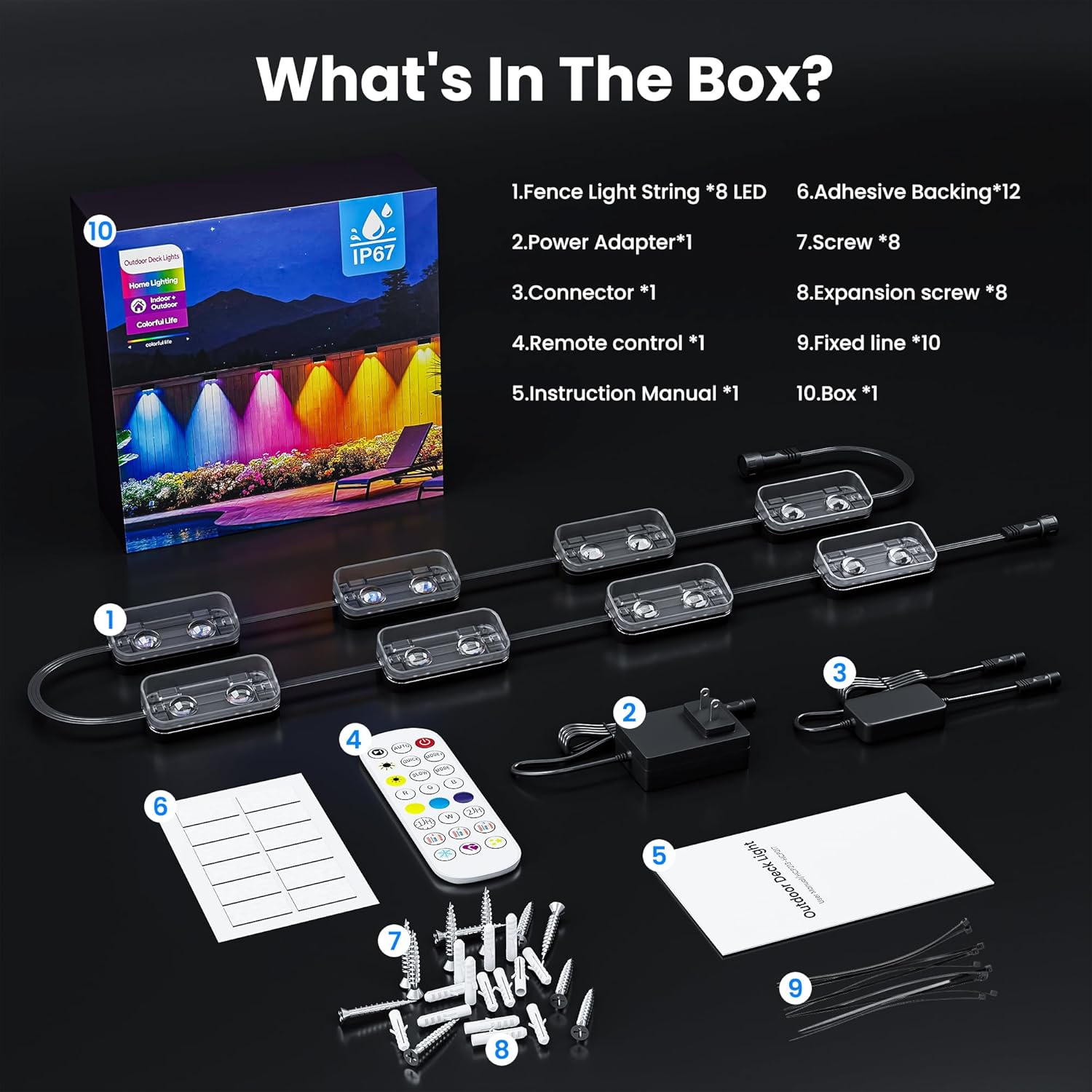 Outdoor Fence Lights, 8 Packs Smart Outdoor Deck Lights RGBCW+IC, with App/Remote Control, Color Changing Lights for Fence, IP67 Waterproof for Backyard Railing Decor (50FT)