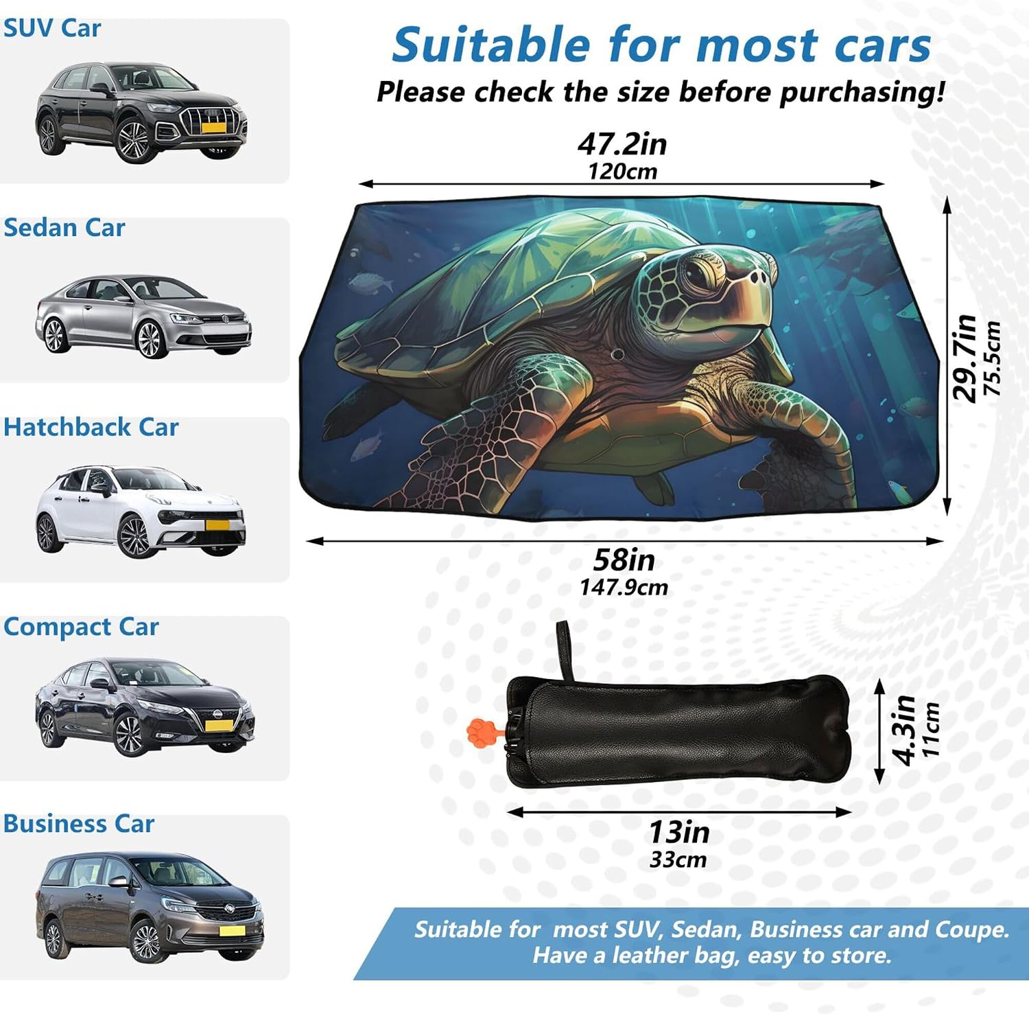 Car Umbrella Sun Shade Cover, Sea Turtle Umbrella Sun Shade for Car Truck Window Front Windshield, Blocks UV Rays Sun Visor Protector Sun Heat Reflector to Keep Your Vehicle Cool
