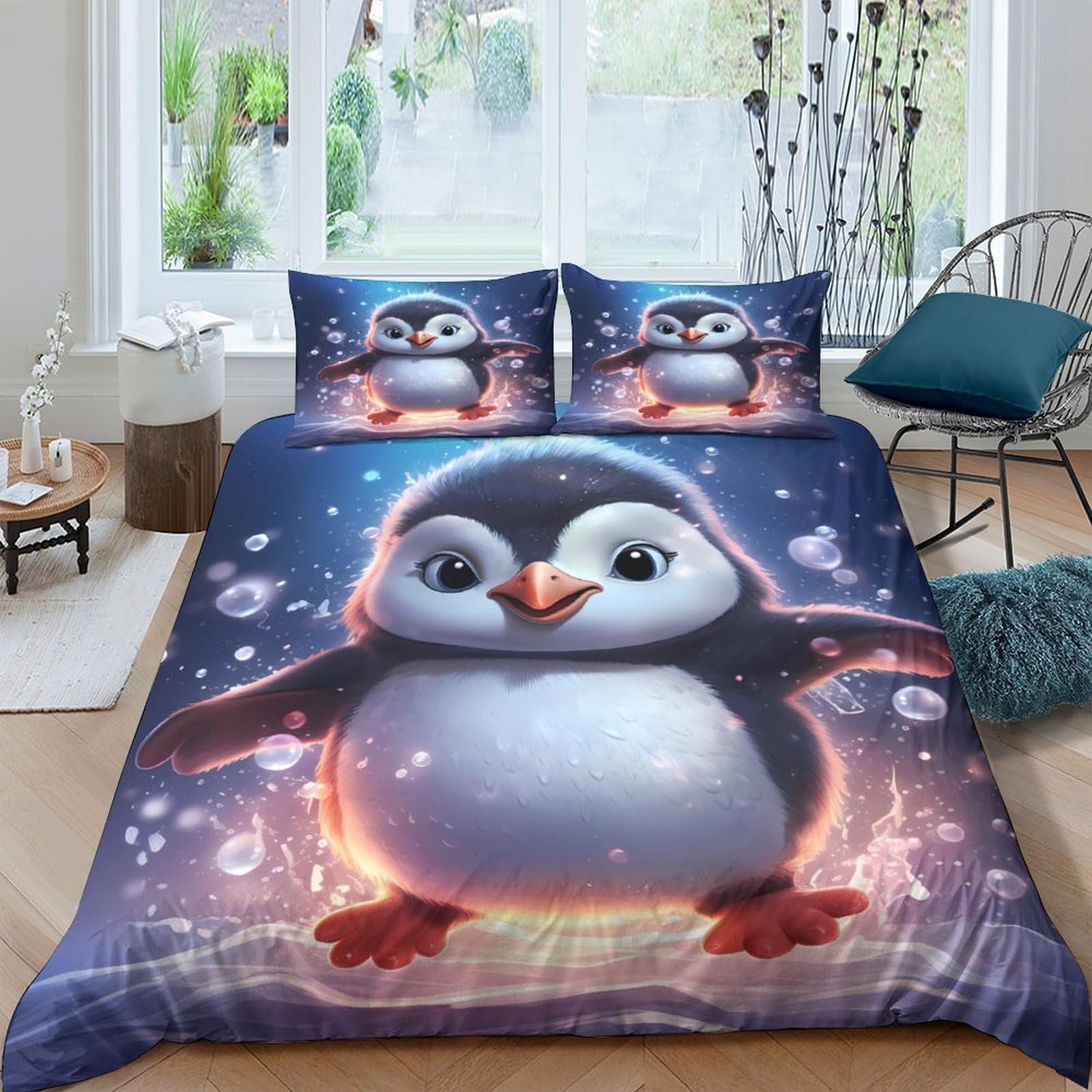 Ctjqhvkz Style-1 3D Printed Cute Penguin Fitted Sheet Microfiber Soft Blue Cartoon Bed Sheet Anti-Slip For Bedroom Dorm Bed Cover Single（135X200cm）