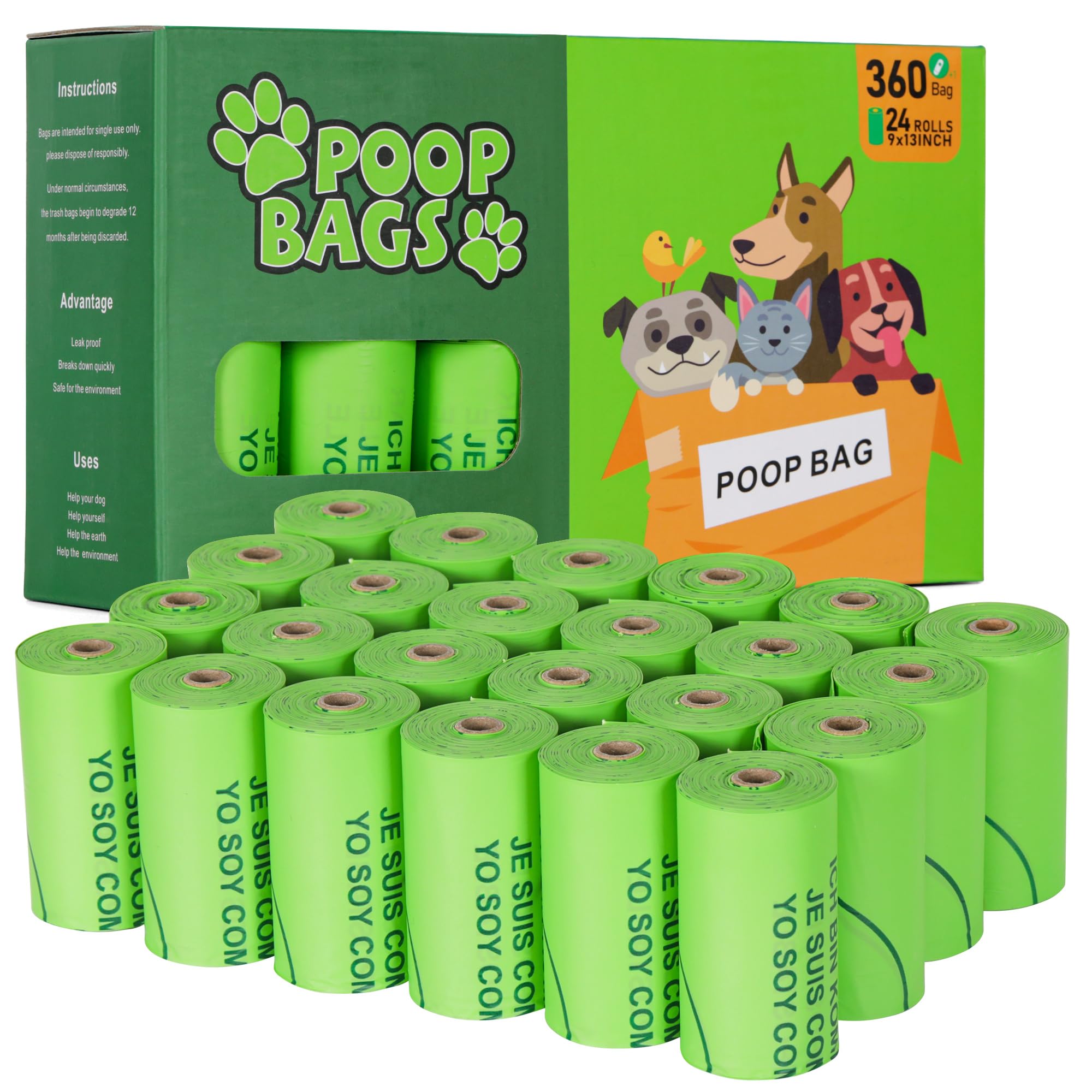 PAG-Mass Poo Bags for Dog Waste, 24 Rolls 360 Counts Doggy Poopbags, Extra Thick Strong 100% Leak Dog Poop Waste Bags Refilled Rolls for Outdoor (Jasmine Scented, Green)