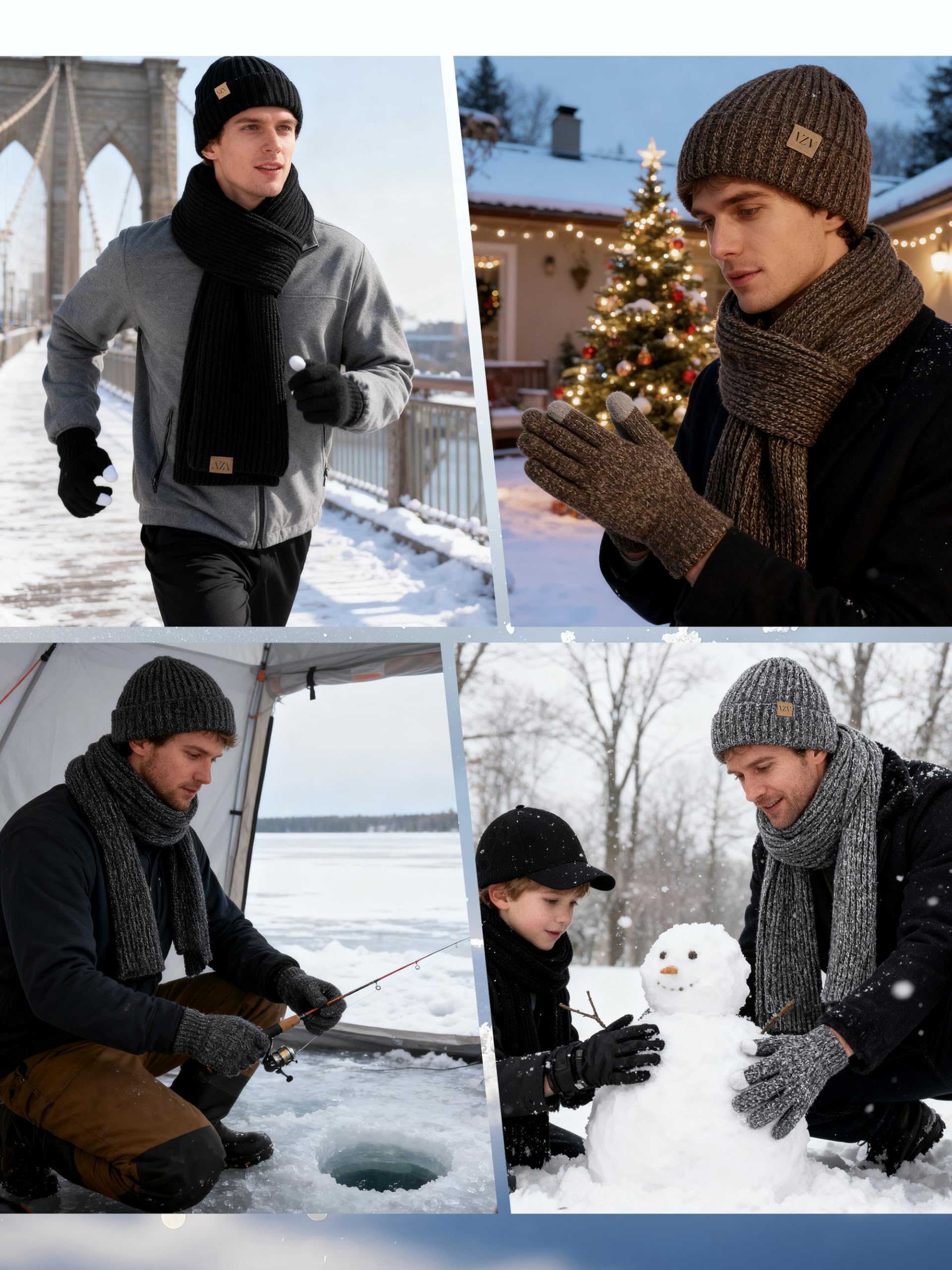 VZV Wintermütze, Schal, Handschuhe-Set: Warme Strickmütze, Touchscreen-Handschuhe, Langer Strickschal, Wintergeschenke für Herren, 3-teiliges
