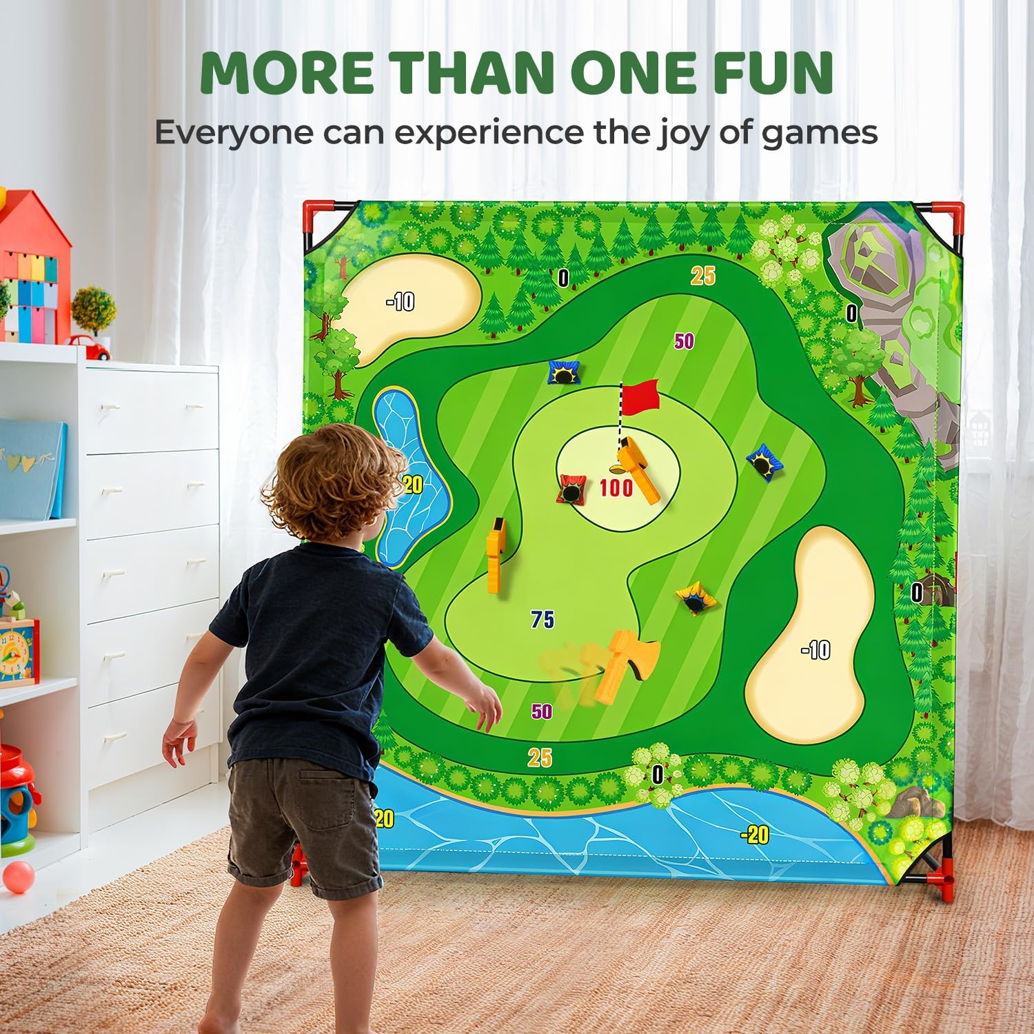 DyBaxa Golf Chipping Game - Golf Battle Game for Kids, 54*54 Golf Target Mat with 16 Sticky Balls, 8 Bean Bag, 6 Axe, 2 Soccer, Perfect for Family Fun, Outdoor Lawn, Poolside, Backyard Party Activity