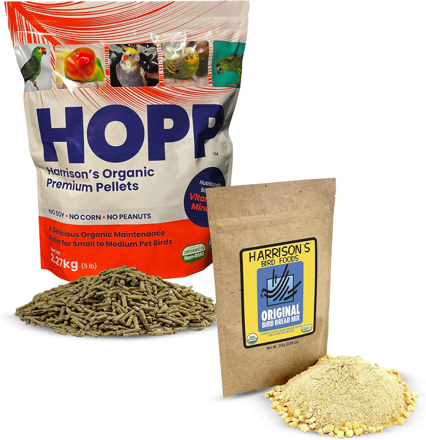 Harrison’s Organic Premium Pellets (HOPP) 5lb - Balanced, Cold-Pressed, Vet-Formulated Nutrition for Small to Medium Pet Birds 7 Bake-at-Home Bird Bread Mix 255g - Certified Organic, Non-GMO
