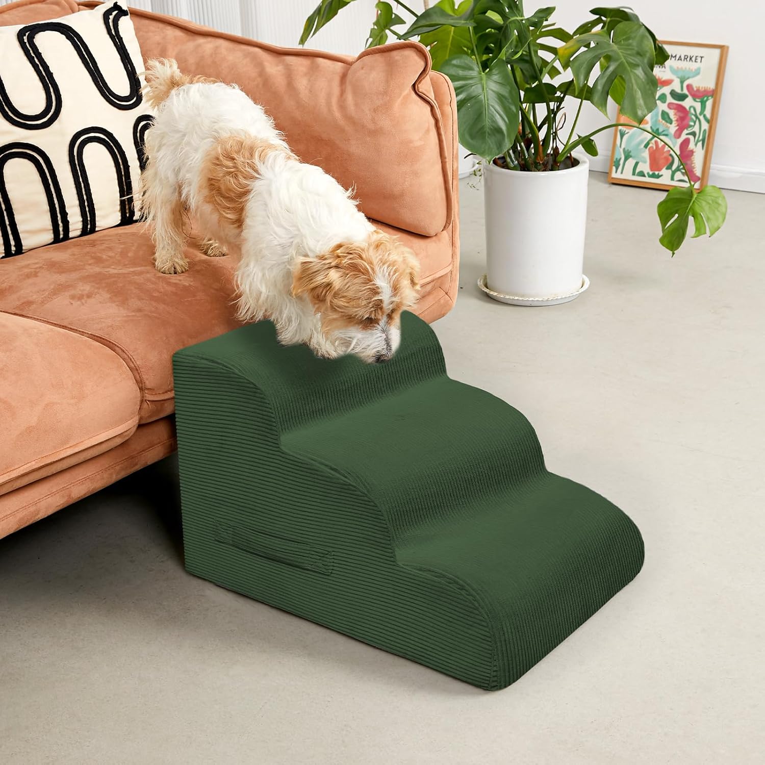 Dog Steps for Small Dogs, 3-Step Pet Ramp Stairs for High Beds and Sofa, Non-Slip Pet Stairs for Small Dogs and Cats, Removable and Easy to Clean Cover, Green Green 3.0 3-Step 16"H