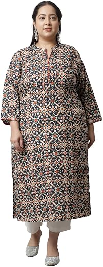 Rajnandini Women's Cambric Cotton Regular Fit Pure Jaipuri Printed Plus Size Kurti (JOPLJPR44X)