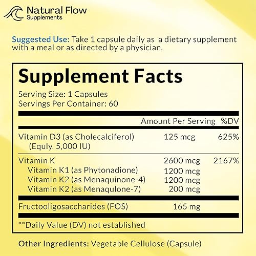 Miniatura 2 de Vitamina D3 con suplemento K2 y K1 – Complejo de vitamina D3 y K de flujo natural, D3 5000iu con vitamina K2 MK4 + MK7 y K1 para apoyo óseo, corazón
