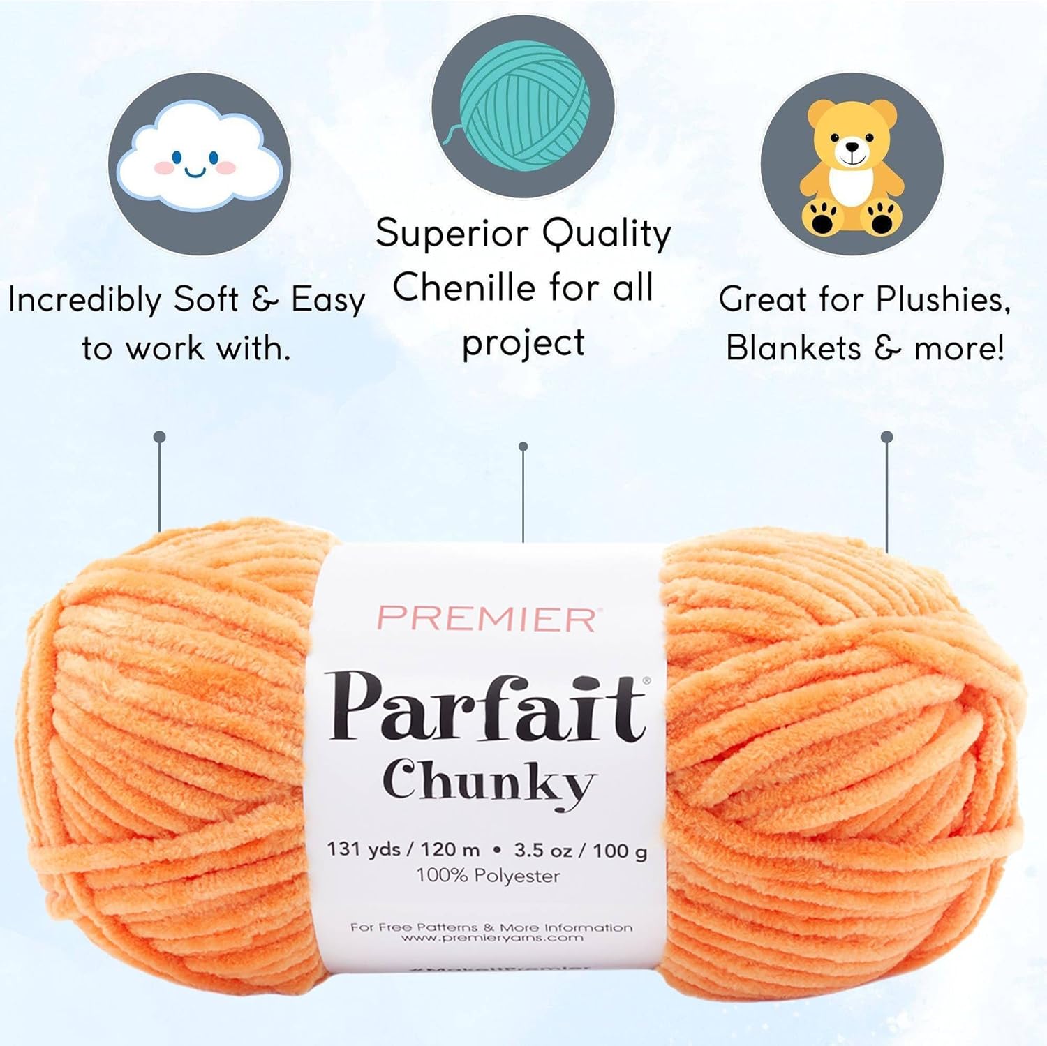 Premier Yarns Parfait Chunky Tangerine 1150-15 (3-Skeins - Same Dye Lot) Weight S Bulky #6 Polyester Yarn for Crocheting and Knitting with Project Bag