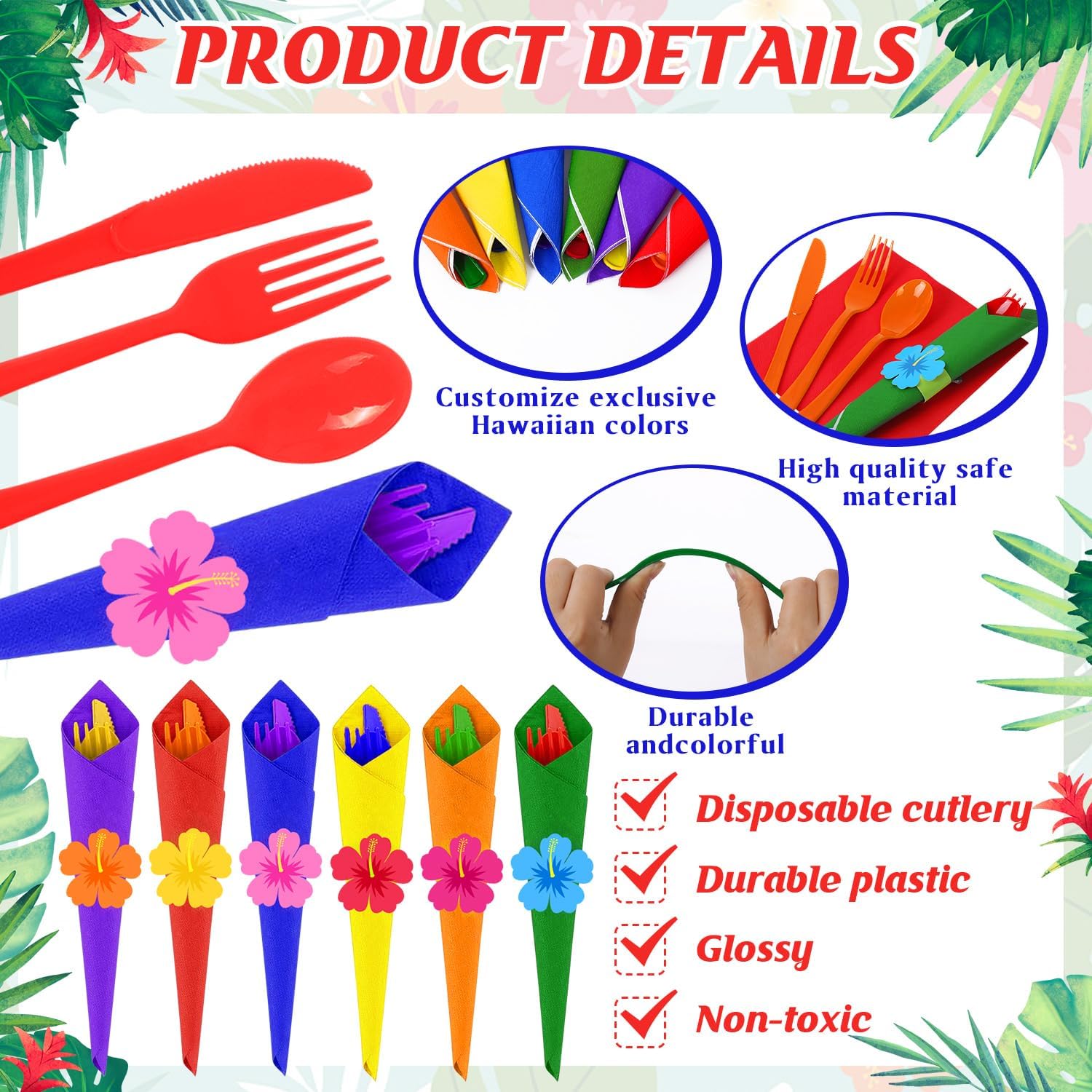 24 Pack Pre Rolled Hawaiian Luau Cutlery Silverware Set Rainbow Plastic Disposable Utensil Bundle Knives Forks Spoons Napkins Heavy Duty Wrapped Tableware for Tropical Summer Party Event Decor