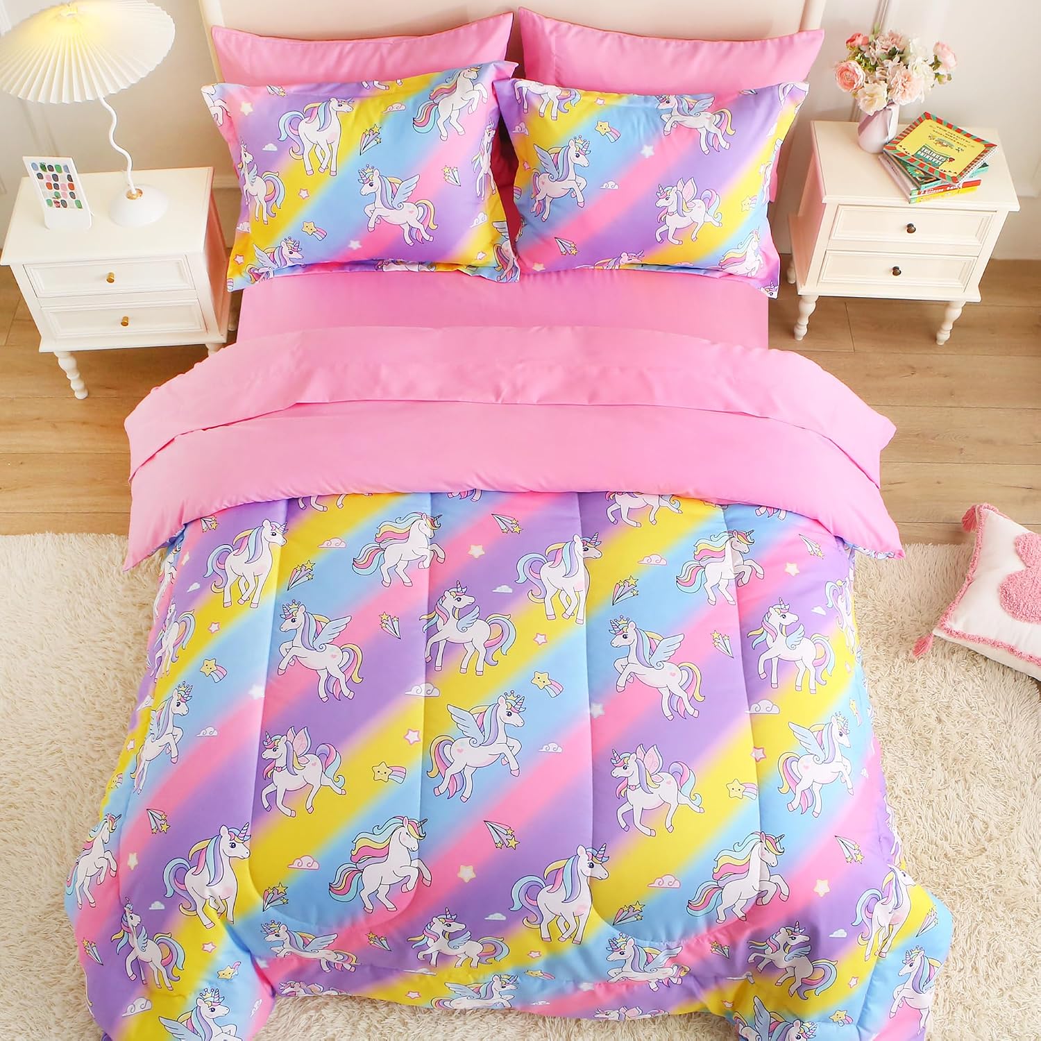lasoftan Kids' Rainbow Unicorn Twin Comforter Set, 5-Piece | Soft Fluffy Bed-in-a-Bag, Fitted Sheet, Flat Sheet, Pillowcase, Pillow Sham, Deep Pocket 15", All-Season