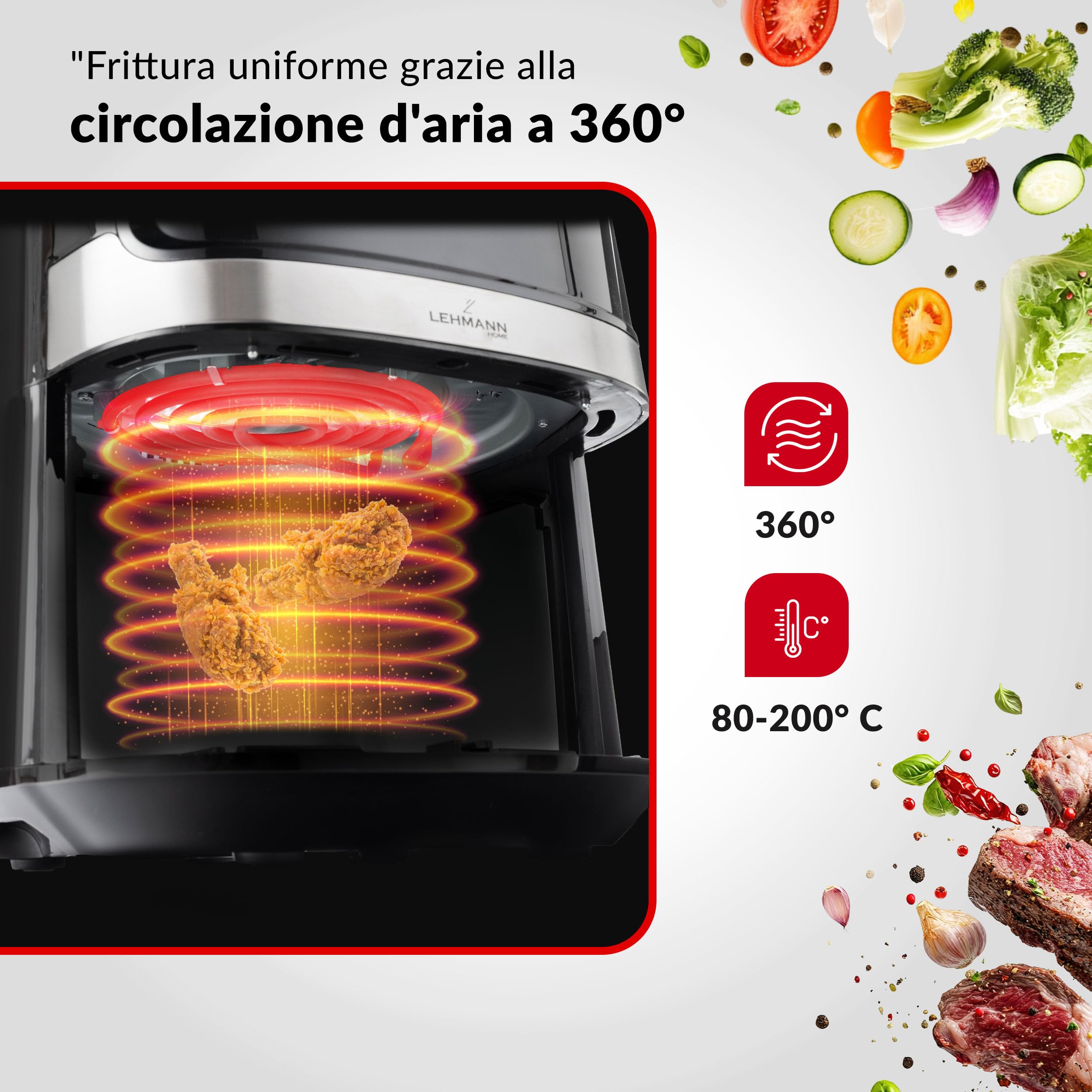 LEHMANN Friggitrice ad aria 6,5L, Air Fryer mit 8 Programmi, Cassetto Antiaderente di Grande Capacità, Display Touch, Timer, Temperatura Regolabile 80–200 °C, Cassetto Lavabile in Lavastoviglie