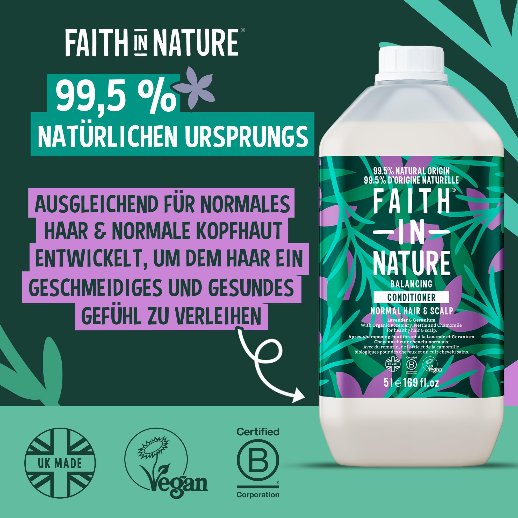 Faith In Nature Natürliches Lavendel & Geranie Conditioner, Ausgleichend für normales Haar & normale Kopfhaut, Vegan und tierversuchsfrei, Ohne SLS, Silikone oder Parabene, 5 L Nachfüllpack