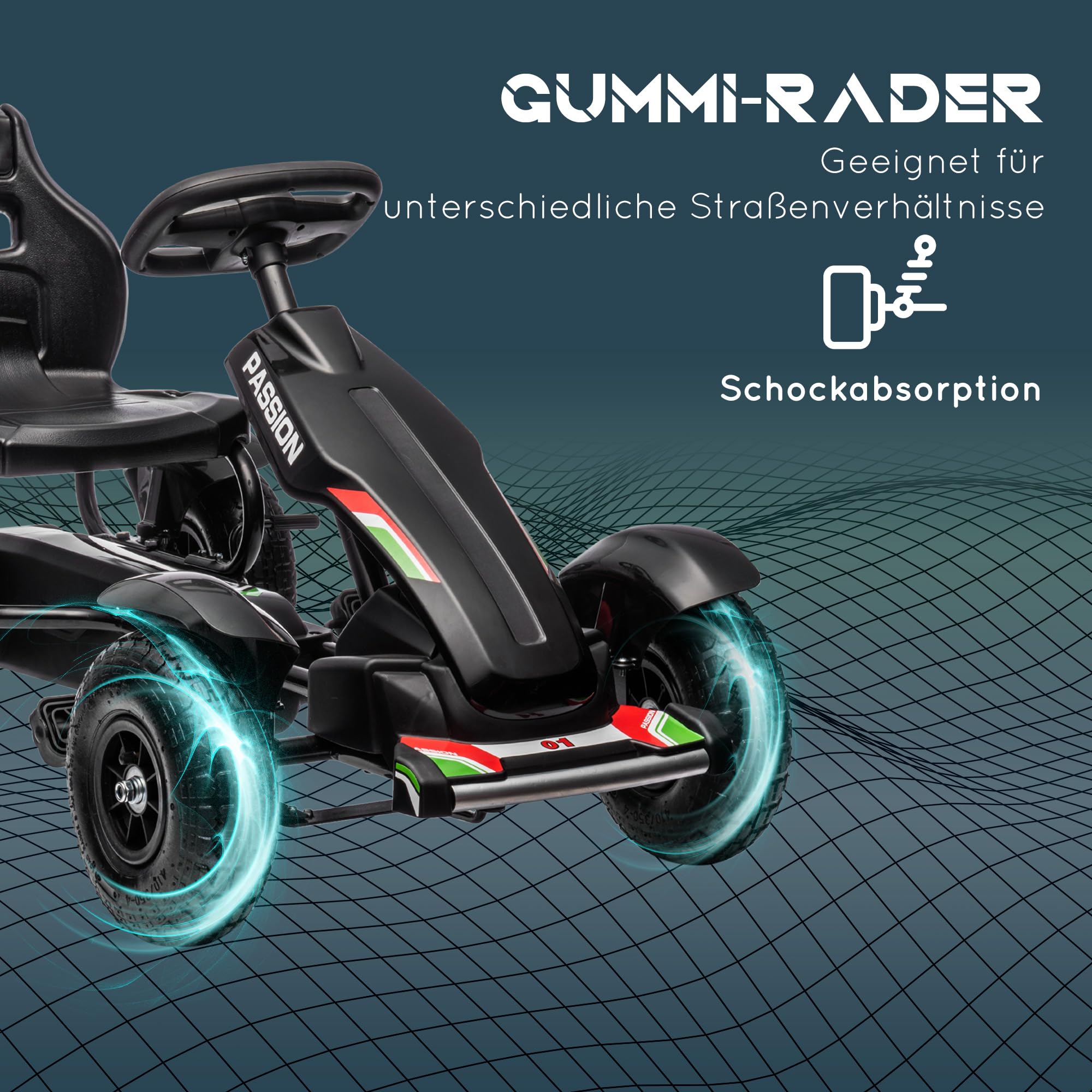 HOMCOM Gokart Tretauto mit Handbremse, verstellbarem Sitz, Vor- und Rückwärtsgang, Tretfahrzeug Kinderspielzeug Kinderfahrzeug Kettcar Pedal-Gokart für Kinder 5-12 Jahren Schwarz