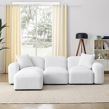L Shaped Couch,Modern Modular Sectional Sofa for Living Room Comfy Cloud Boucle Deep Seat Sofa Teddy Velvet Fabric Large Couches with Movable Ottoman White-Teddy