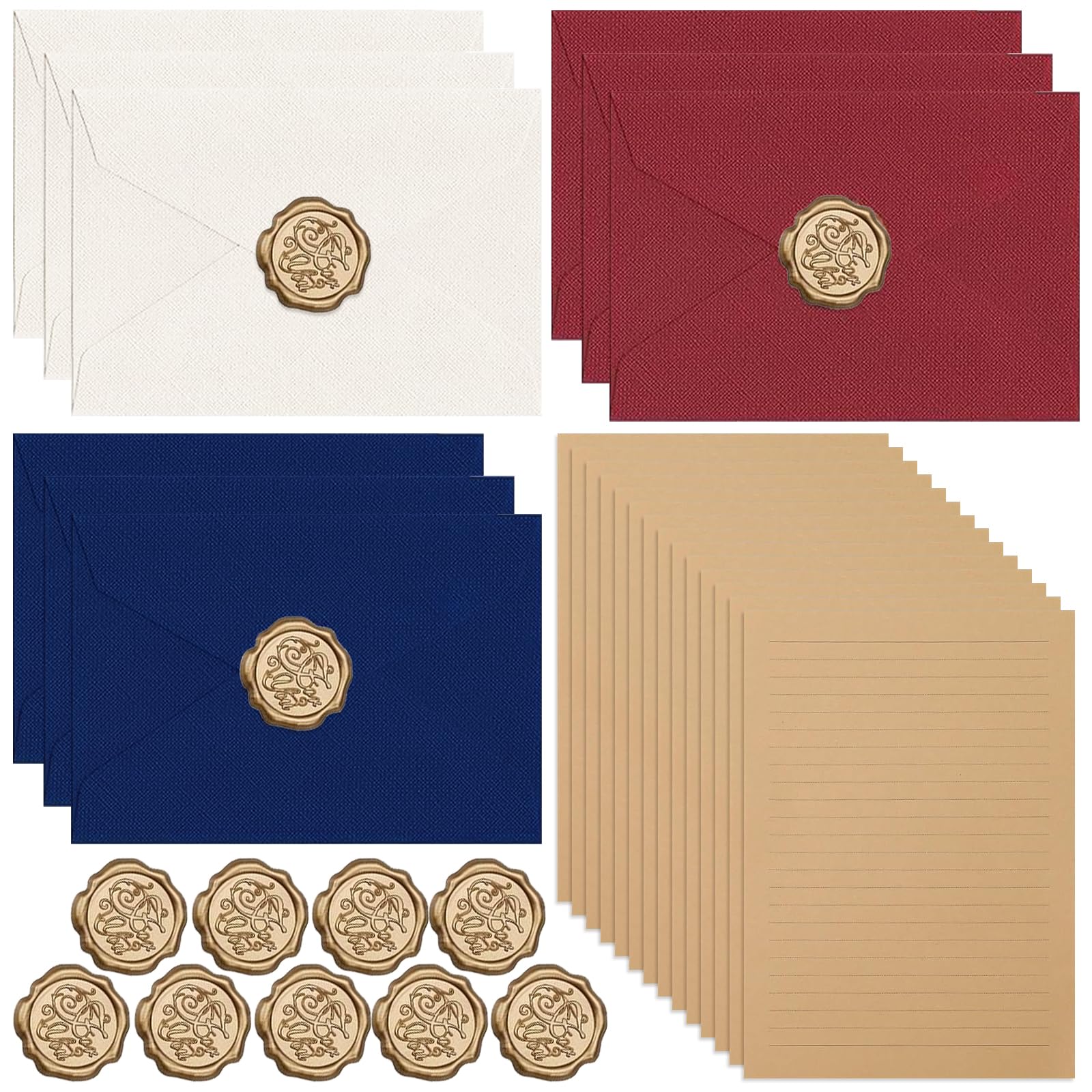 Set di Carta da Lettere Vintage 38 Pezzi, Buste in Lino con Sigillo di Cera, A5 Kraft per Inviti Nozze