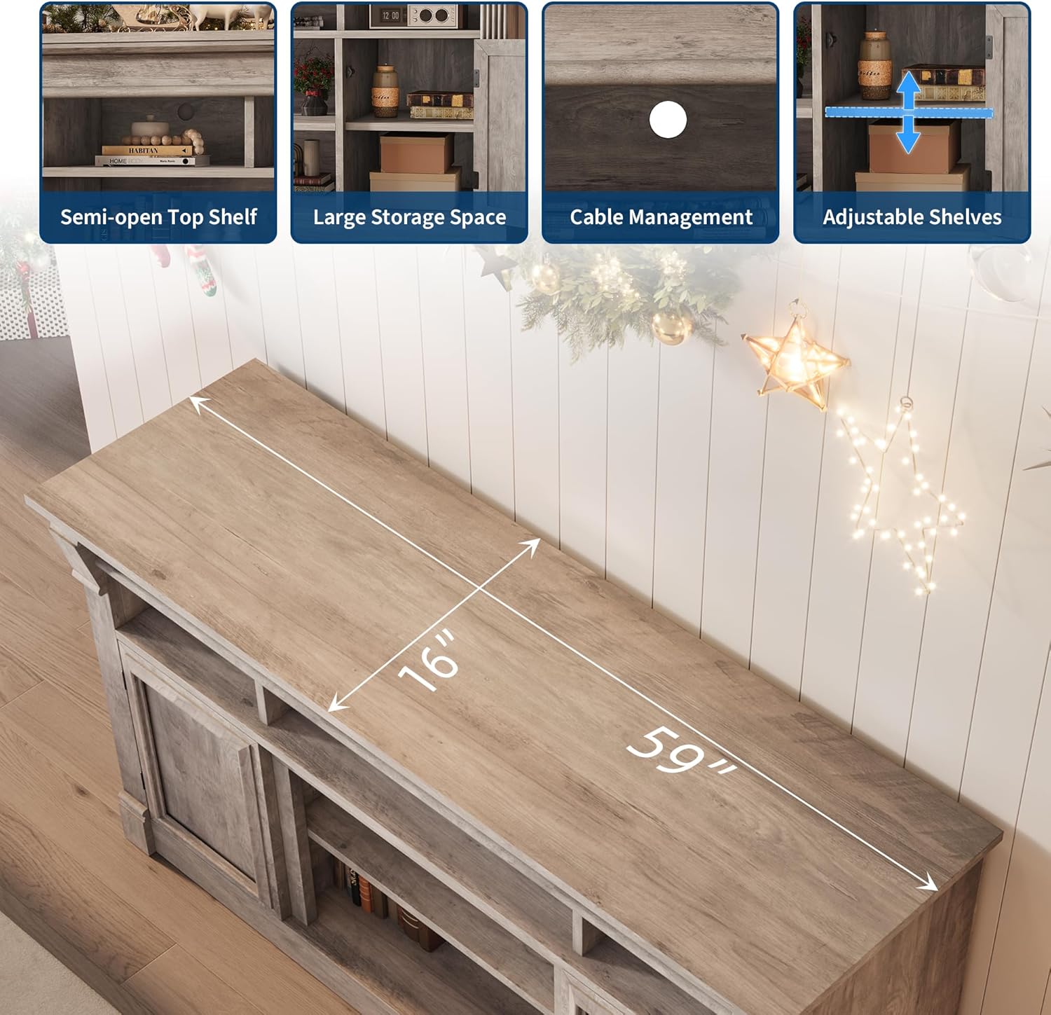 GAOMON TV Stand for TVs Up to 65 Inches, Entertainment Center with Open Storage Shelves and Cabinets, Farmhouse Media TV Console Table for Living Room, Bedroom, Grey