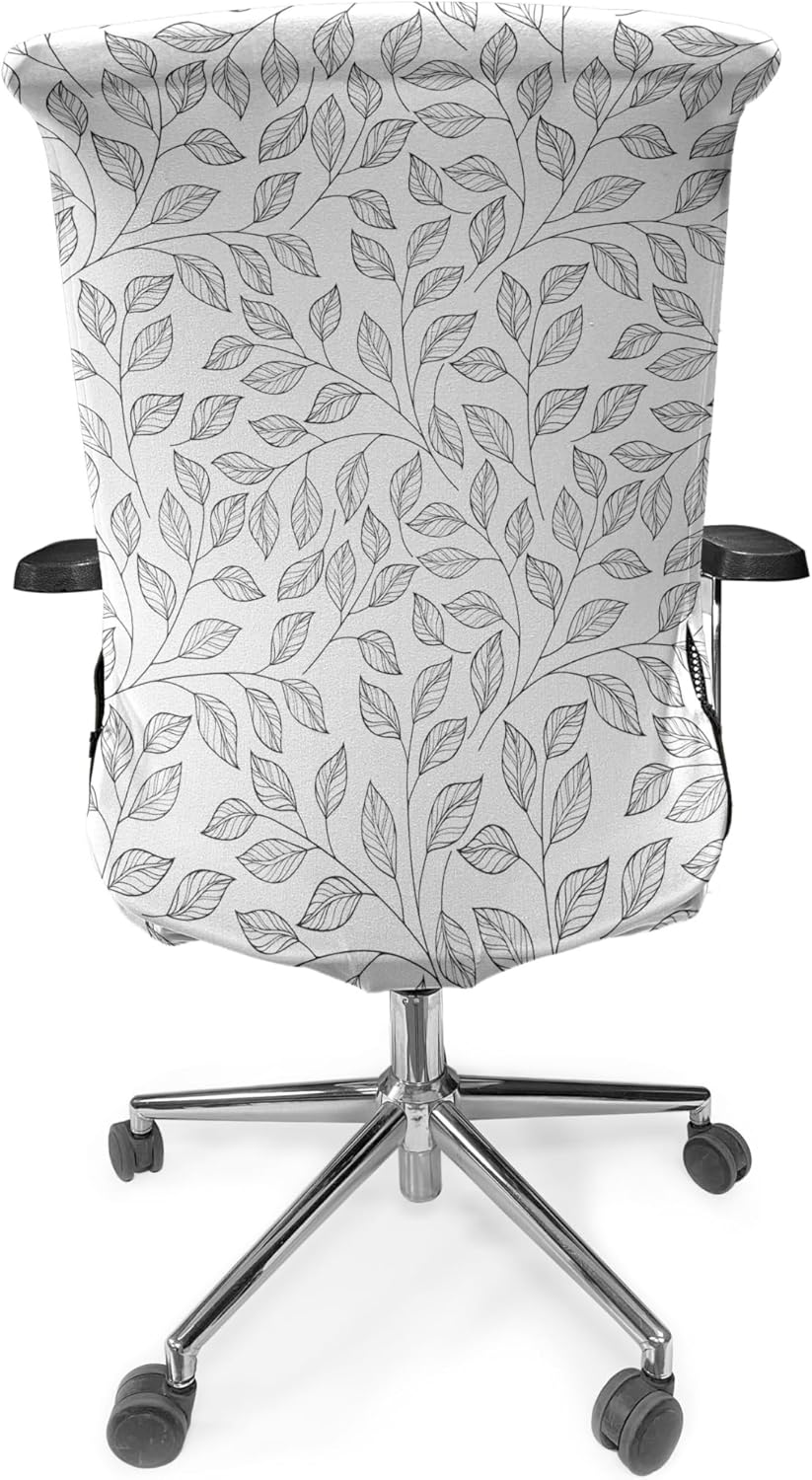 Ambesonne Leaves Office Chair Cover, Hand Drawn Simple Minimalist Floral Pattern Rustic Country Life Inspiration, Stretchable Decorative Universal Size High Back Printed Slipcover, White and Black