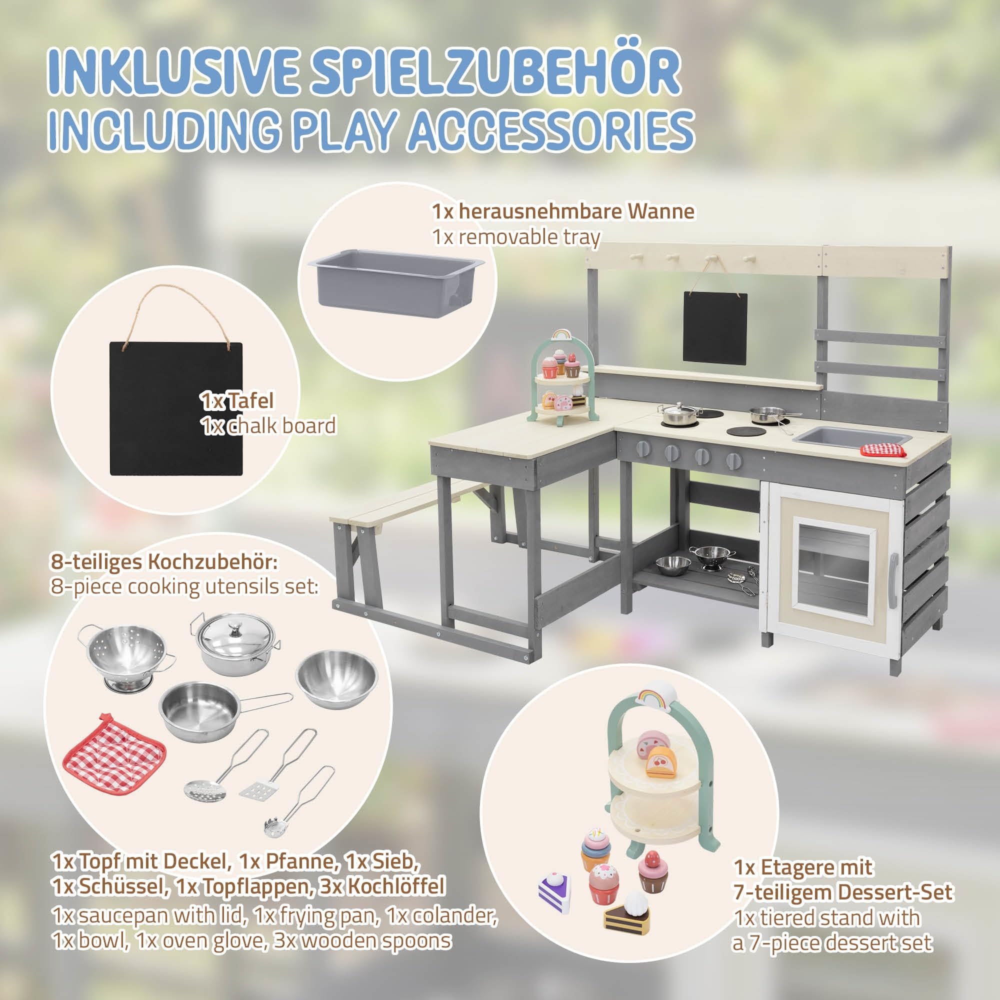 Joyz Kinderküche aus Tannenholz massiv, Spielküche mit Tisch, Sitzbank, Tafel & Küchenzubehör, Outdoor Holzküche, Wetterfeste Kinderspielküche Set, Matschküche, Spielzeugküche für Kinder ab 3 Jahren