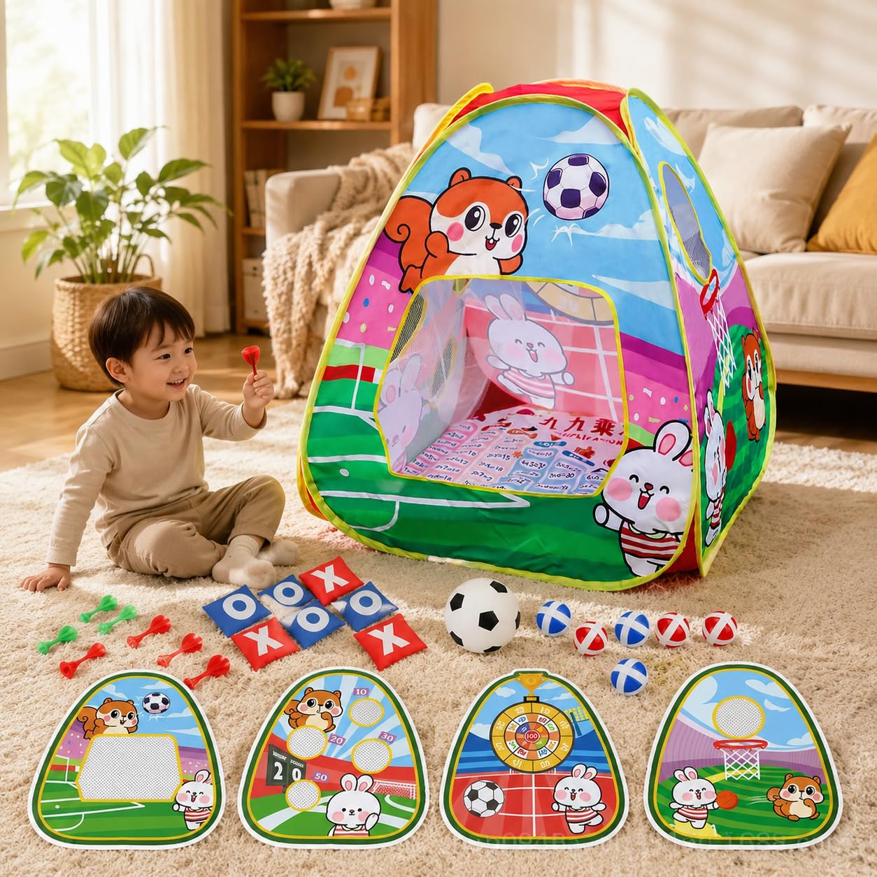 Faltbar, Großes Spielzelt mit für Kleinkinder, Multi-Game Spielhaus Drinnen und Draußen, Textil Zelt mit Tragetasche