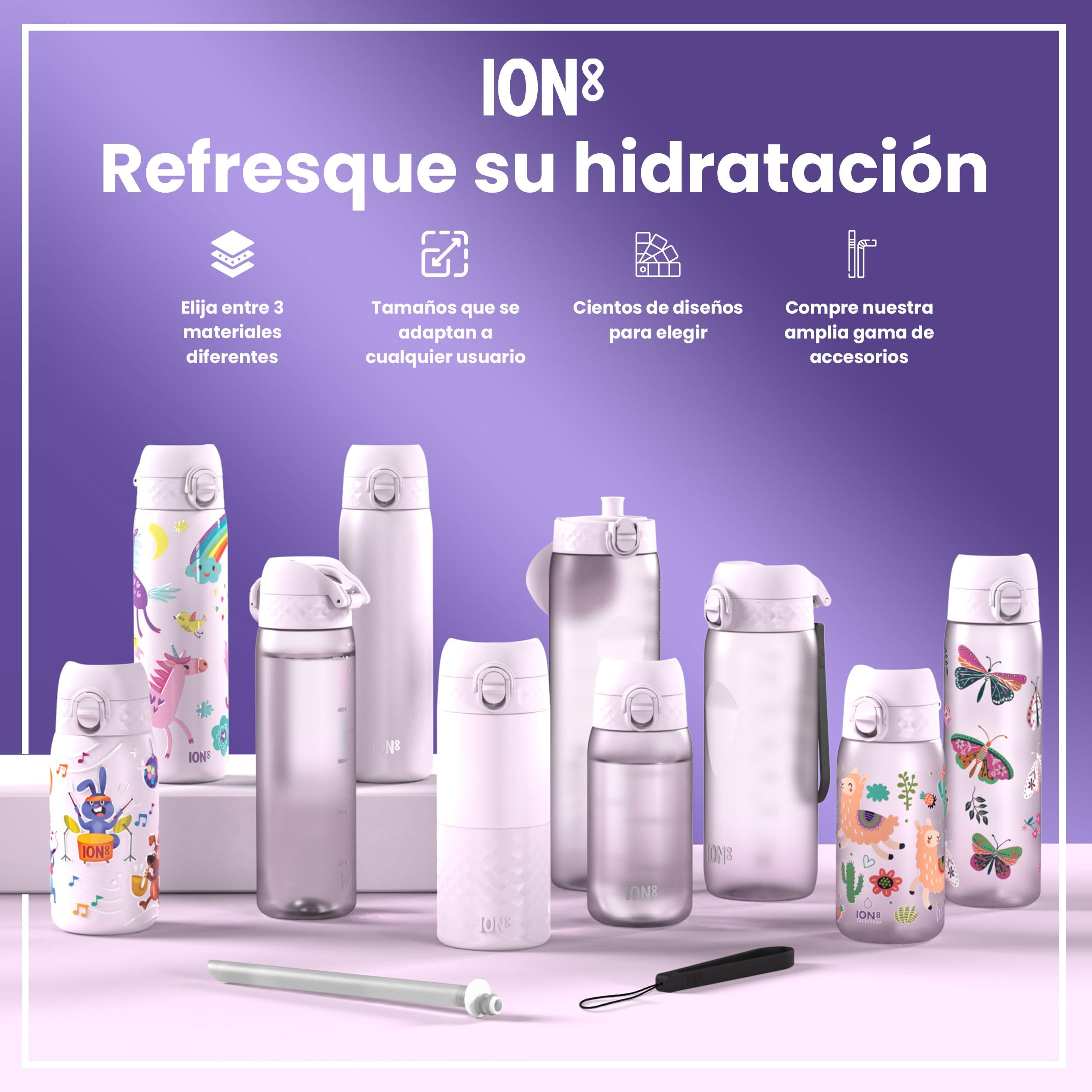 ion8 Botella Agua Inox Ligero para Niños, 400ml, Sin Aislamiento, a Prueba de Fugas, Fácil de Abrir, Cerradura Segura, Apta para Lavavajillas, Tapa Abatible, Fácil de Limpiar, Unicornios, Rosa