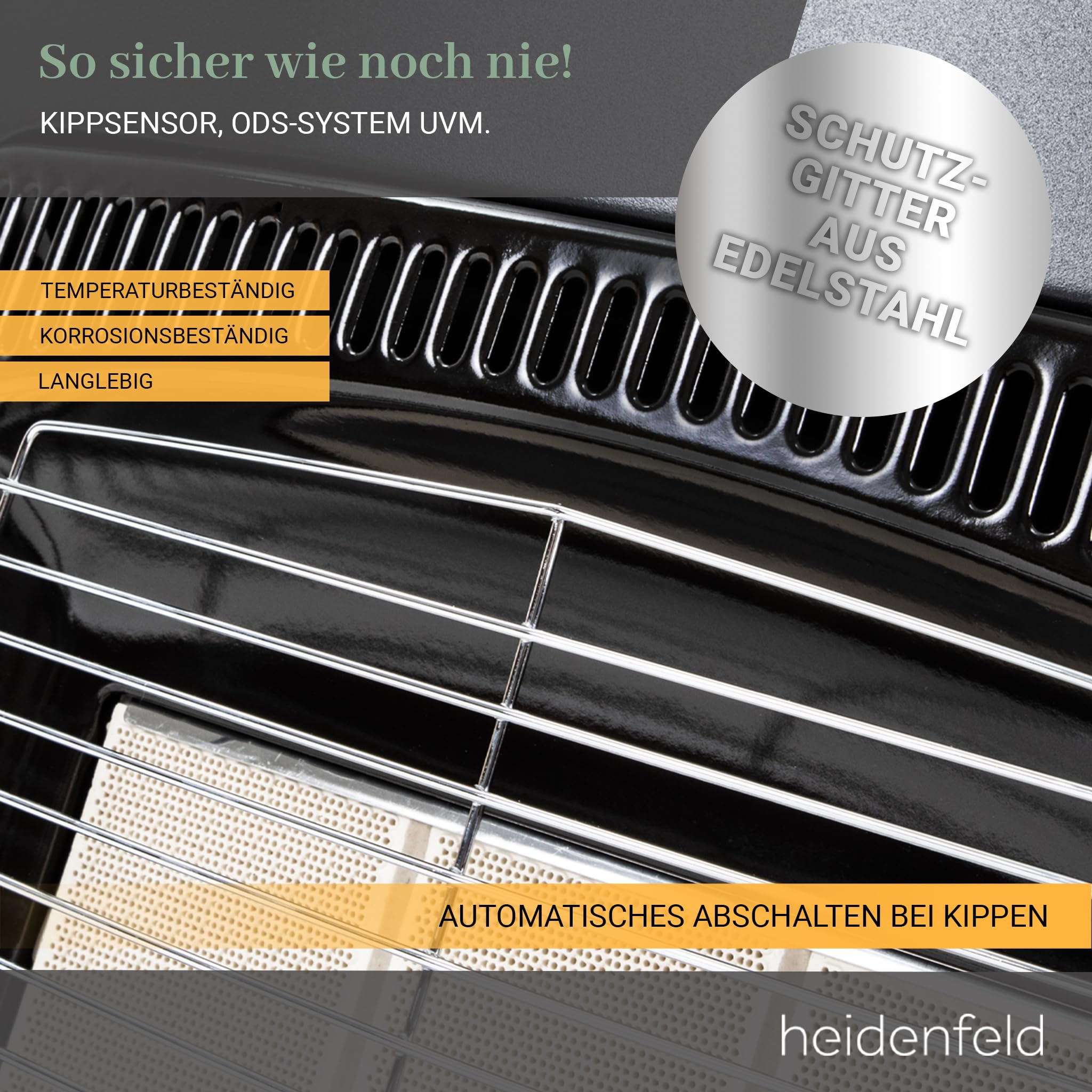 Heidenfeld Gasheizung Inferno GH100 | 𝟑 𝐉𝐀𝐇𝐑𝐄 𝐆𝐀𝐑𝐀𝐍𝐓𝐈𝐄 - 4200 Watt - Heizstrahler - Gasheizung für Innenräume - Gasofen - Gasheizer - Gasflaschen bis 15 Kg - Gasschlauch (Schwarz)